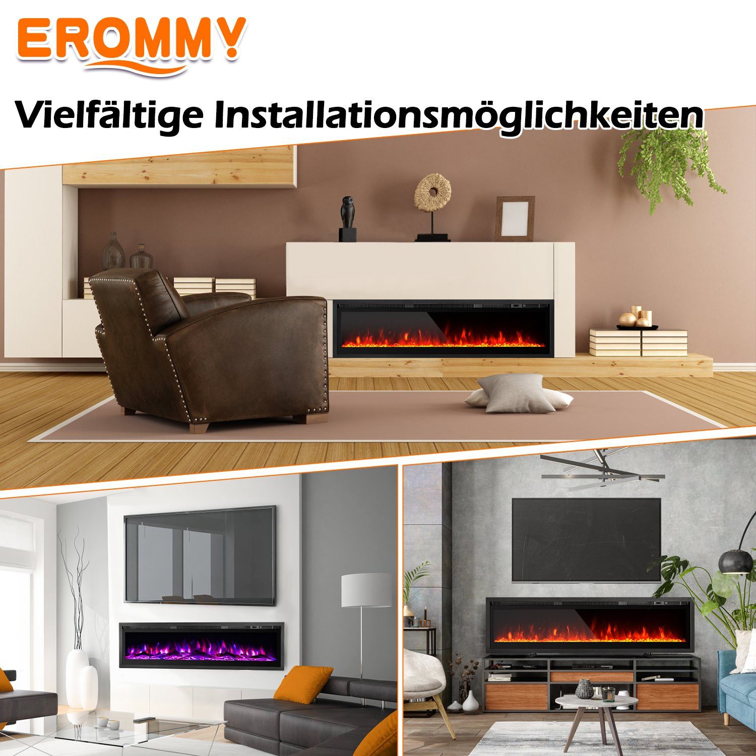 750W-1500W, EROMMY Fernbedienung Eingebaut, der Freistehend, 101,6cm/127cm Elektrokamin 9-farbig Wand An Flammeneffekt, Ulife montiert,