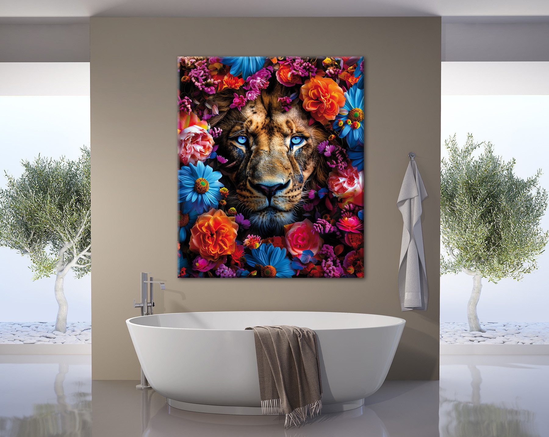 Bönninghoff Leinwandbild Wandbild LÖWE BLUMENKRANZ XXL 118x140 cm – Leinwandbild Keilrahmen, Blumen, Blumenbilder, Kunst, Löwe, Löwen, Pflanzen, Pflanzenbilder, – Bild 5 von 5
