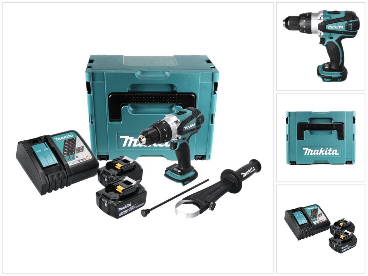 Makita Schlagbohrmaschine DHP 458 RTJ Akku Schlagbohrschrauber 18 V 91 Nm + 2x Akku 5,0 Ah + La