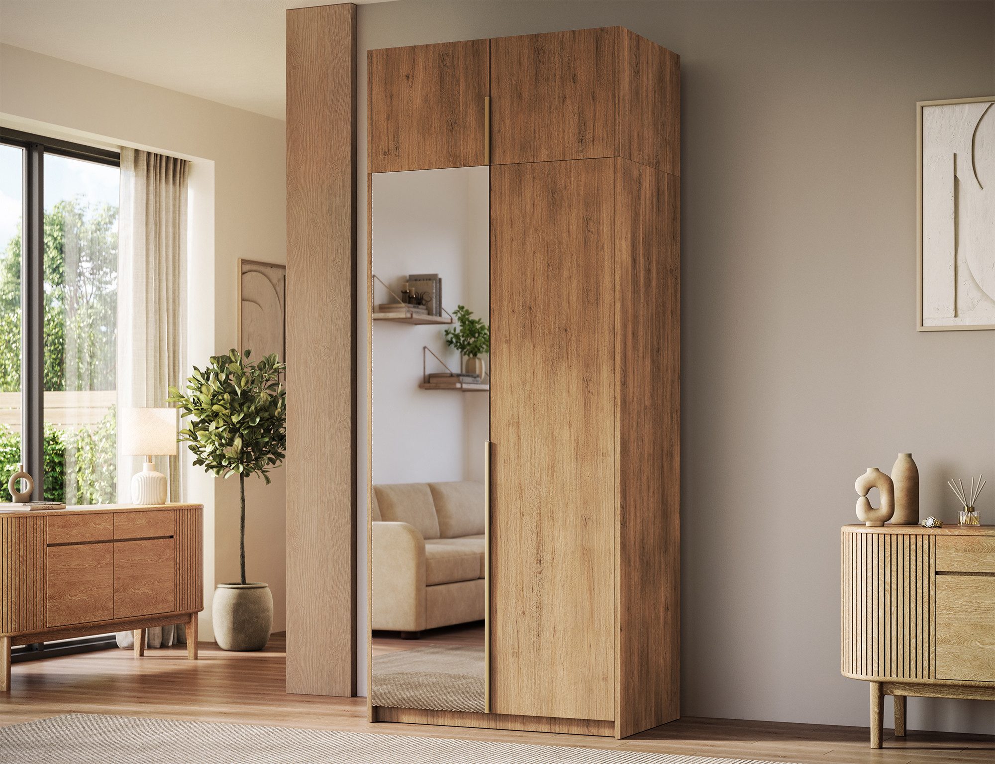 MOEBLO Drehtürenschrank Lunaro II (moderner Kleiderschrank 2-türig Schrank Garderobe Schlafzimmer, 100 cm, mit Spiegel Drehtüren Weiß Kaschmir Artisan Gold Griffe optional mit Aufsatz) (BxHxT): 100 x 204 x 58 cm