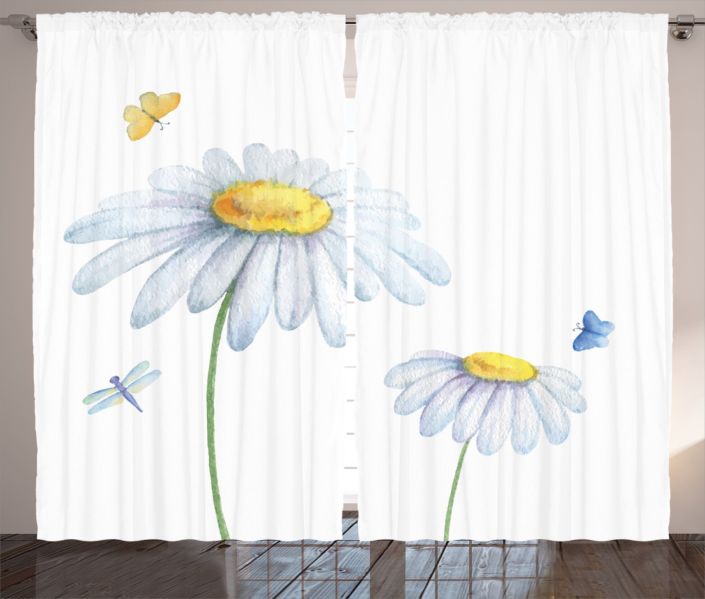 Gardine Schlafzimmer Kräuselband Vorhang mit Schlaufen und Haken, Abakuhaus, Libelle Kamille Weiche Natur | Fertiggardinen