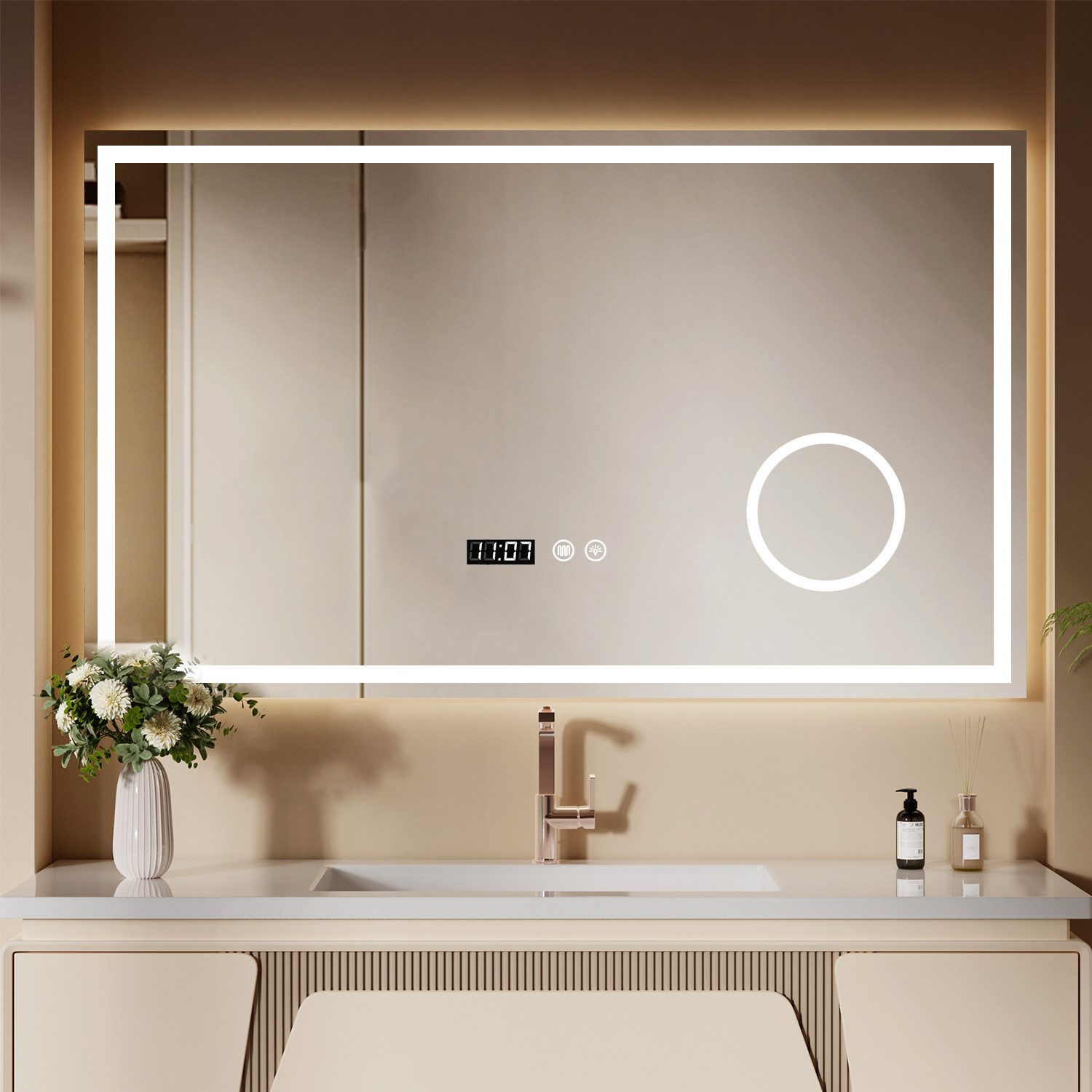 oyajia Badspiegel Bad Spiegel mit Beleuchtung LED Wandspiegel 3-fach Vergrößerung Touch, Antibeschlag Kosmetikspiegel Beschlagfrei, Uhr, 3 Lichtfarben Dimmbare