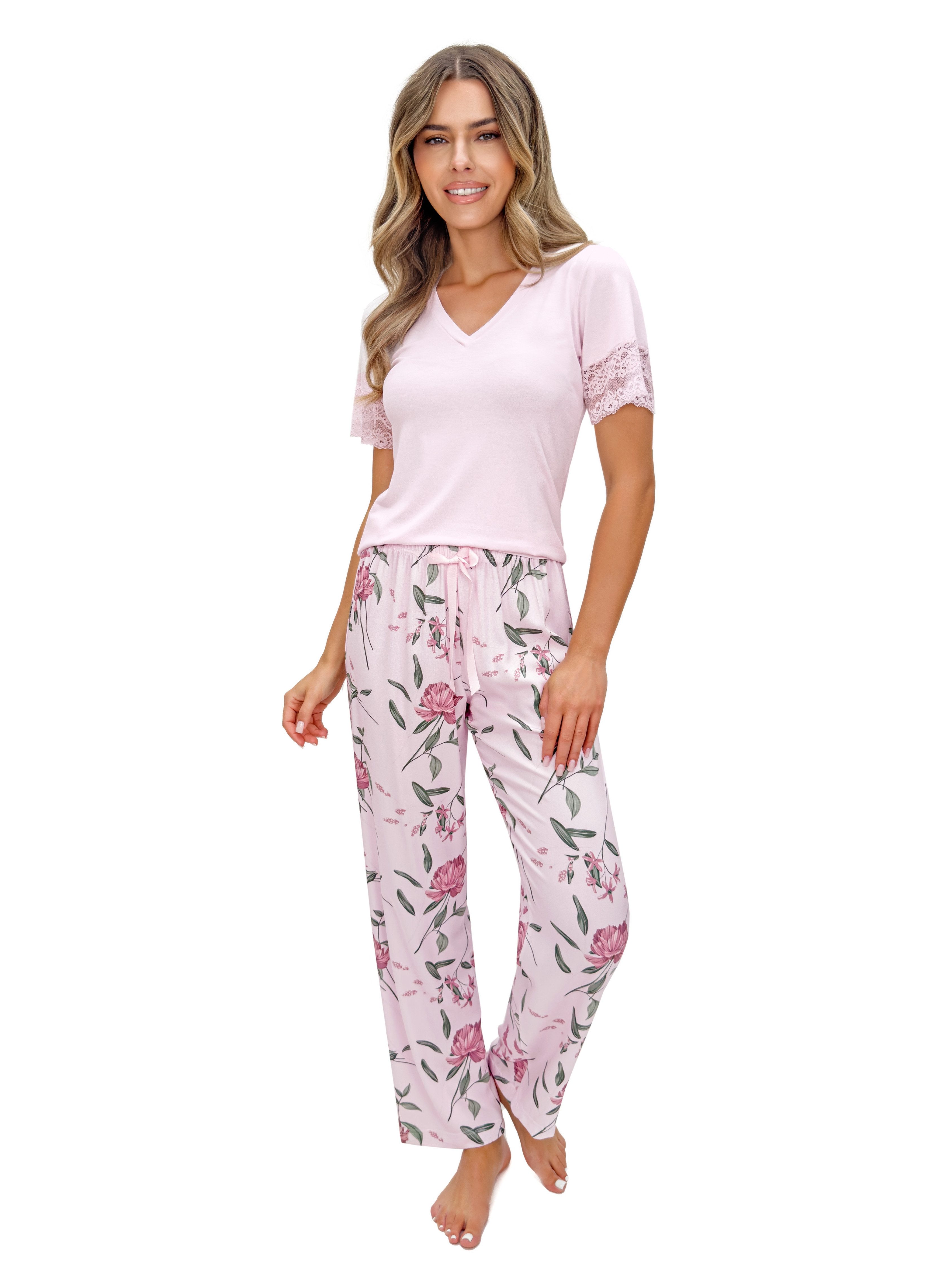 Pyjama Damen Schlafanzug mit langer Blumenhose