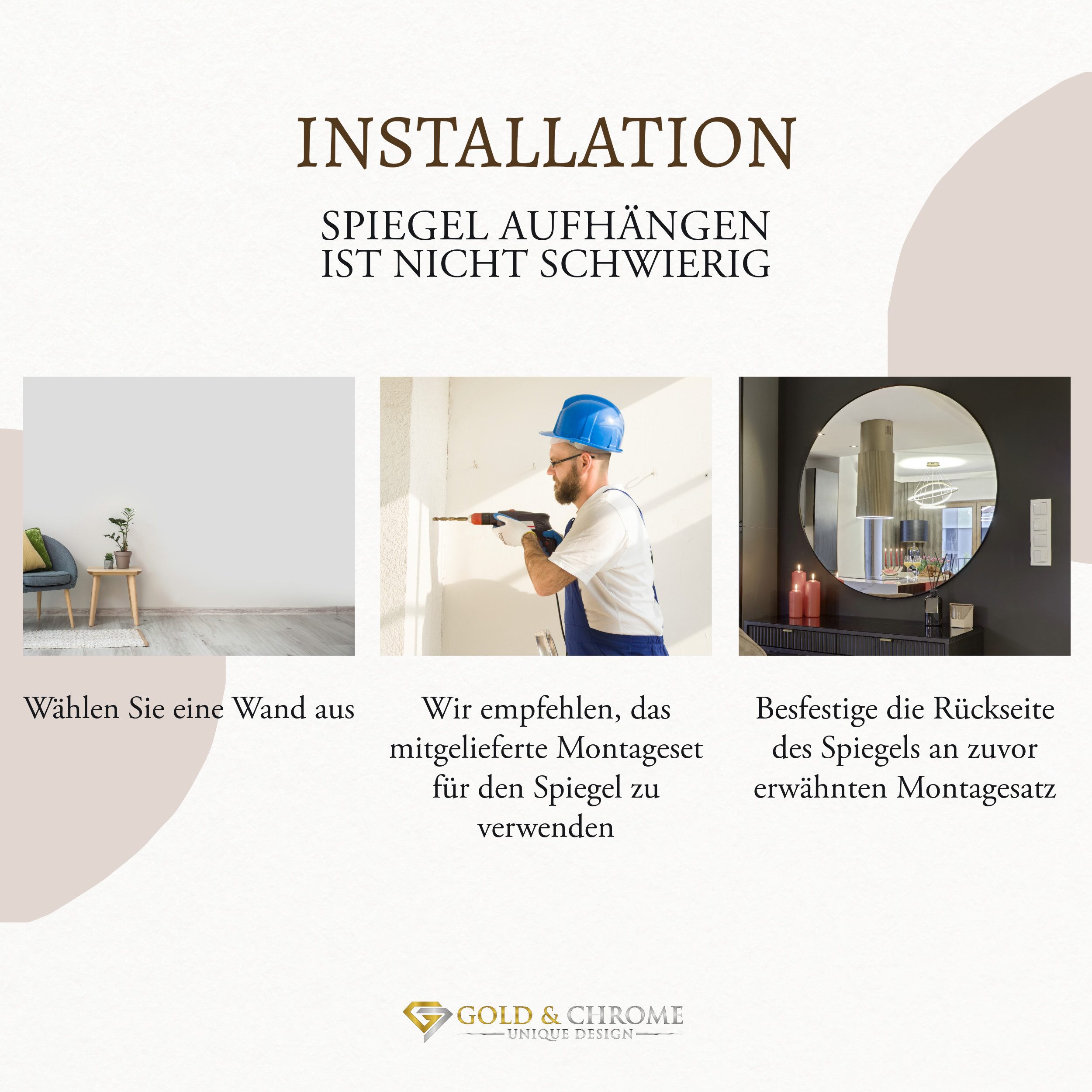 GOLD&CHROME UNIQUE DESIGN Spiegel GOLD&CHROME Wandspiegel, Rund, Badspiegel, 40 - 160cm, Metallrahmen