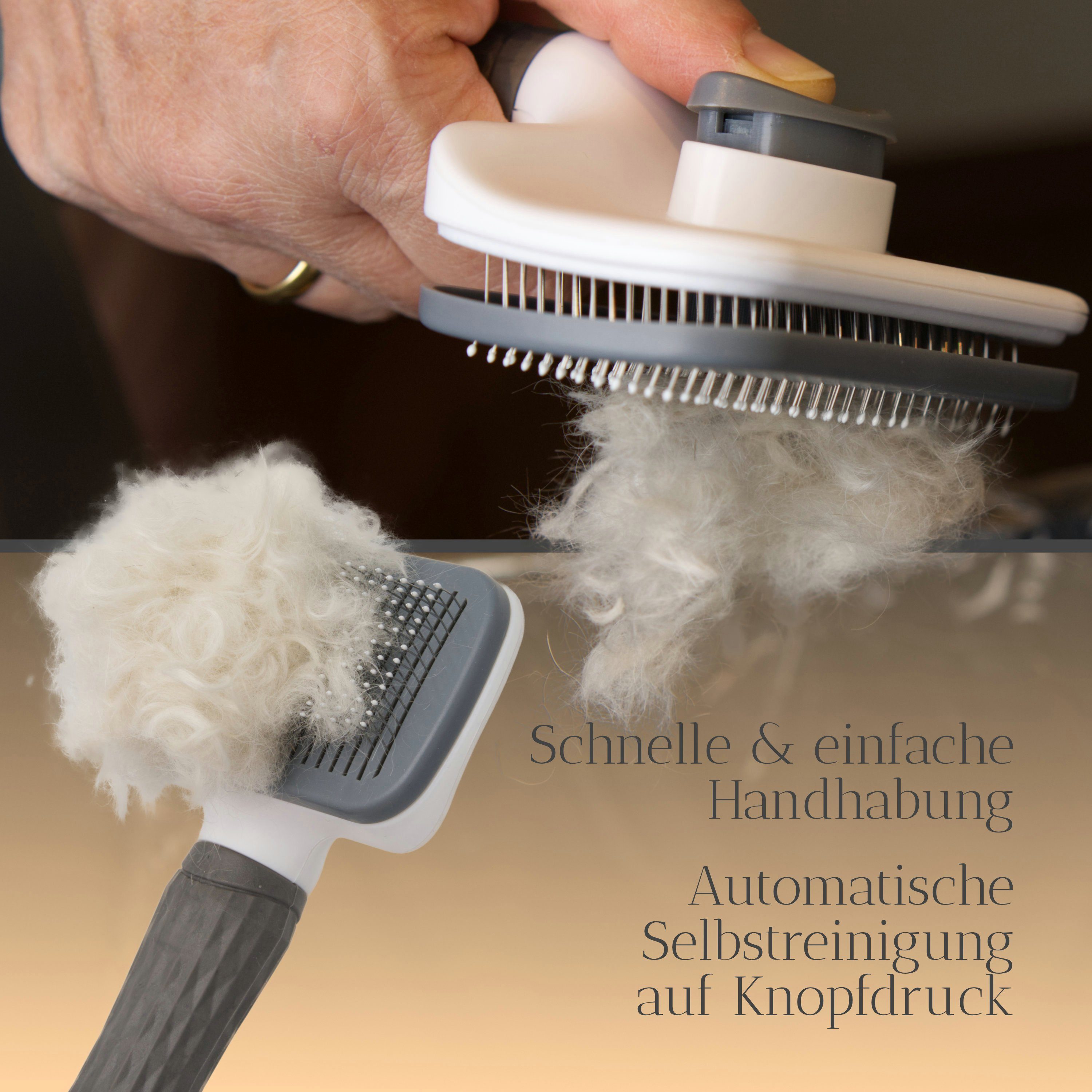 FinoPet Fellbürste 3er Set Hundebürste / Katzenbürste, XL Fusselrolle und Zeckenzange, Der Edelstahlbürstenköpf ist mit 288 schützenden Perlen überzogenen und integrierten Reinigungsknopf zur schnellen Säuberung, (3-tlg)
