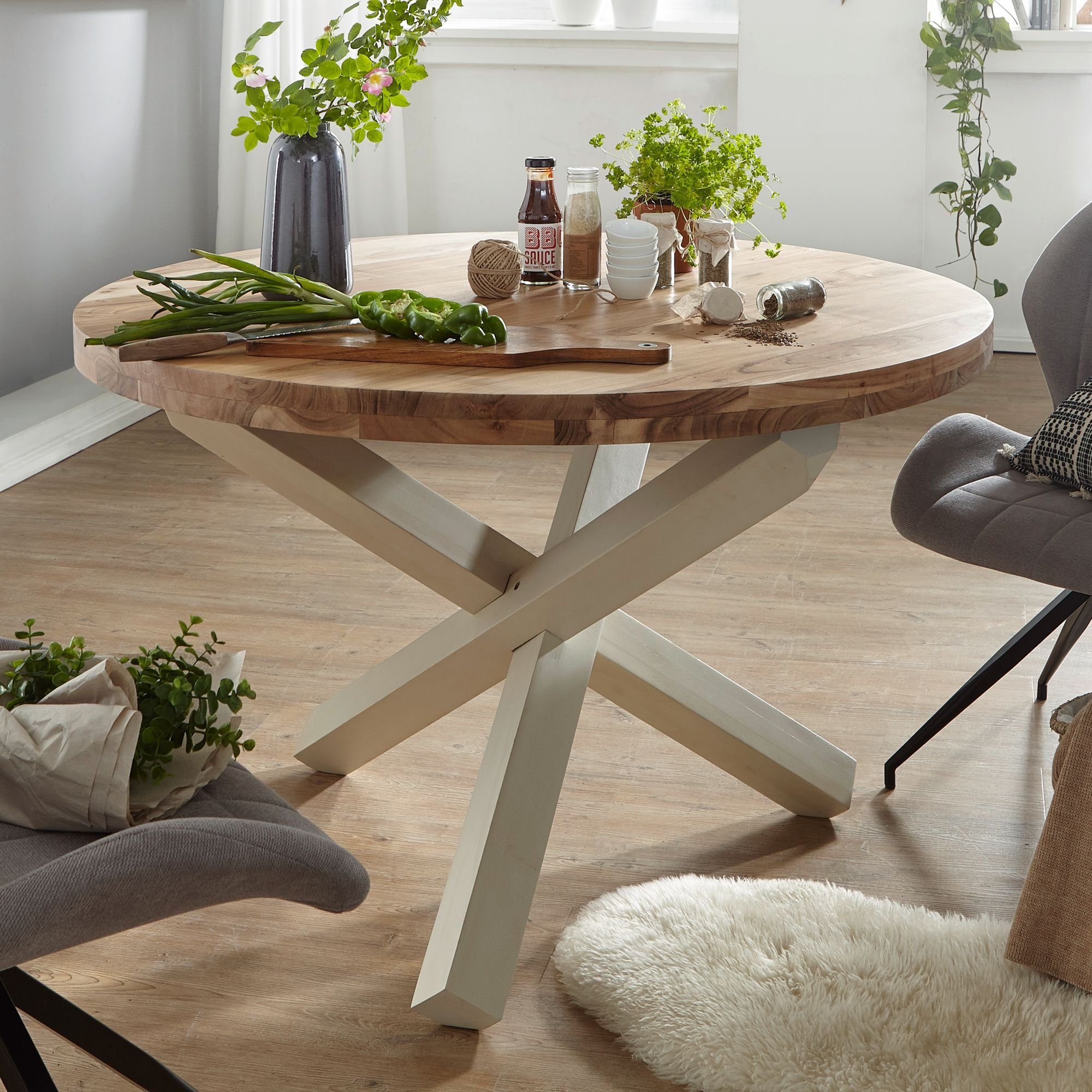 lovingHome® Esstisch Esstisch Esszimmer Tisch Küchentisch Holztisch 120 cm Akazie massiv (1 Stück), Akazie mit schöner Farbstruktur