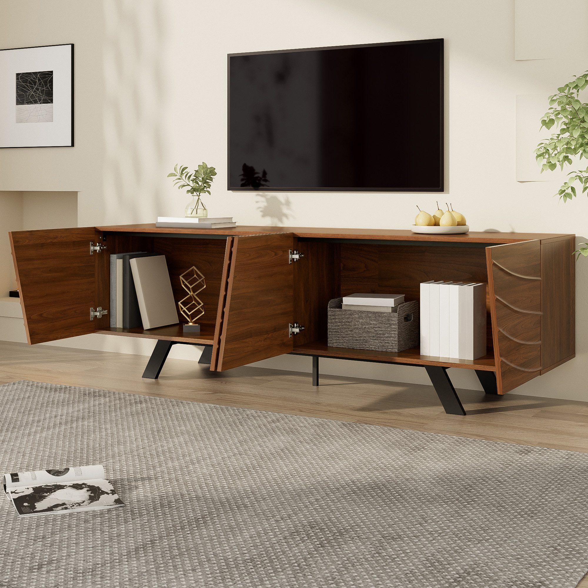 STILVORA Lowboard mit Wellenfront,TV-Schrank Fernsehschrank mit Eisenbeinen&Kabelloch (Packung, 1 St., MDF), mit schwarzen Eisenbeinen, Kabelmanagement und Ablage
