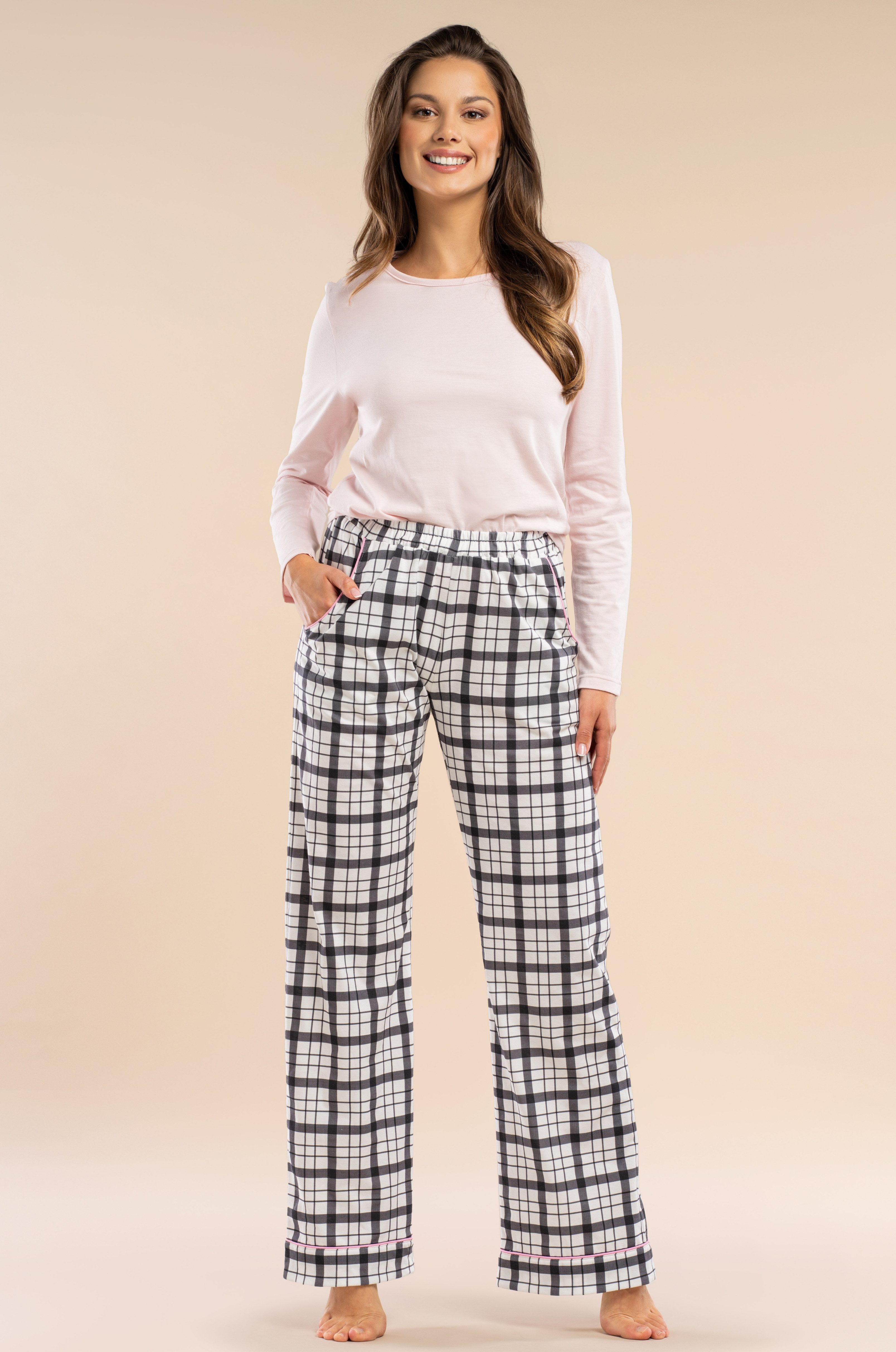 Mademoiselle Sommeil Pyjama mit Hellrosa Oberteil & Karo-Hose mit rosa Pasp günstig online kaufen