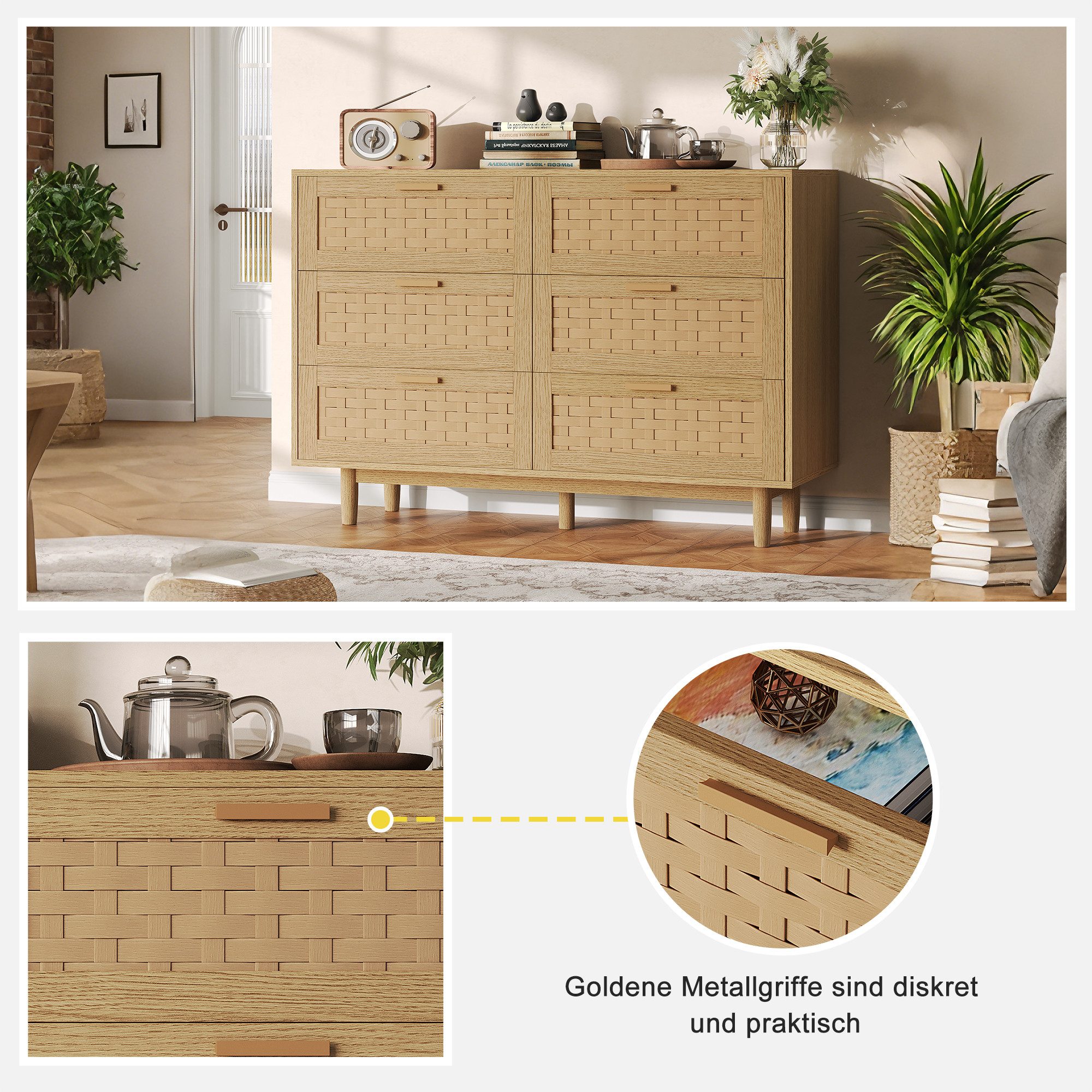 zebery Kommode mit 6 Schubladen Sideboard Schubladenschrank (Holz Schrank), Schubladenkommode,Naturholzfarbe,Gewebte Paneele