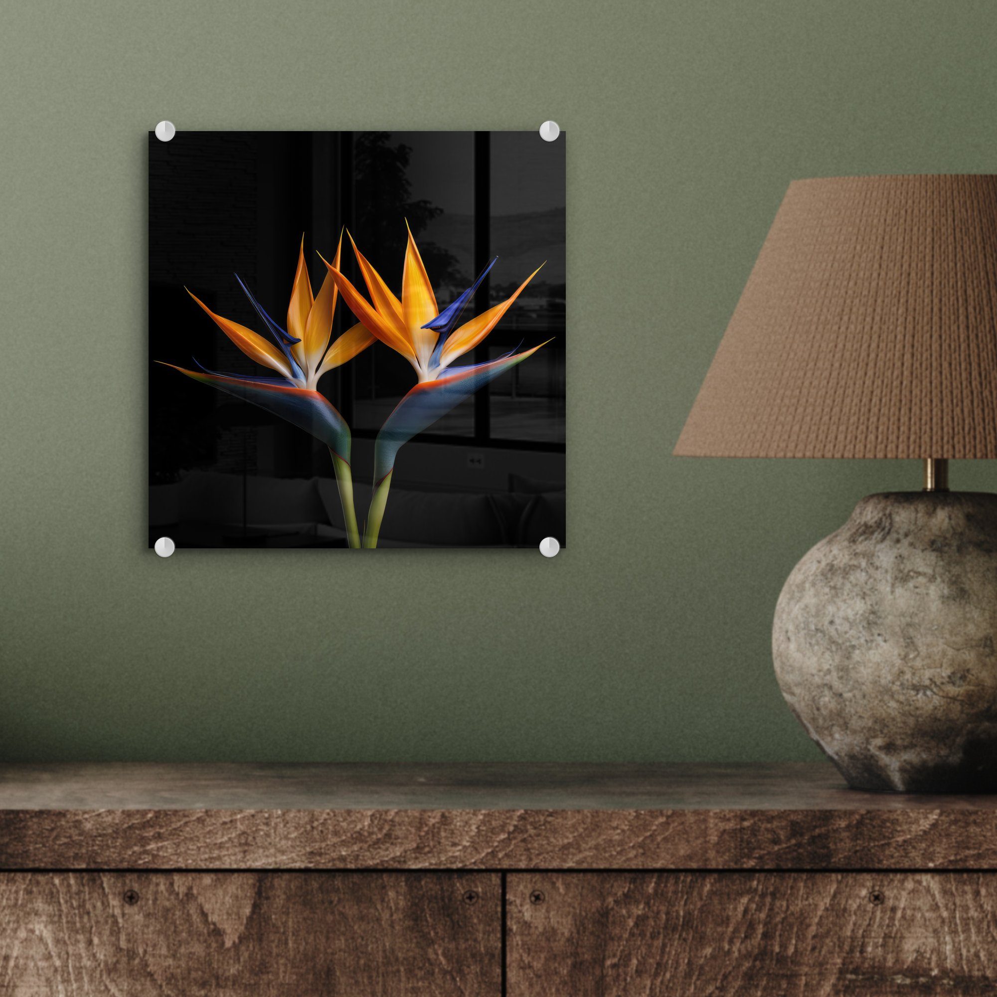 MuchoWow Acrylglasbild Pflanzen - Glasbilder Glas Bilder Blumen St), - - - auf - Wanddekoration Schwarz, Foto - Glas Porträt Wandbild Paradiesvogelblume (1 auf 