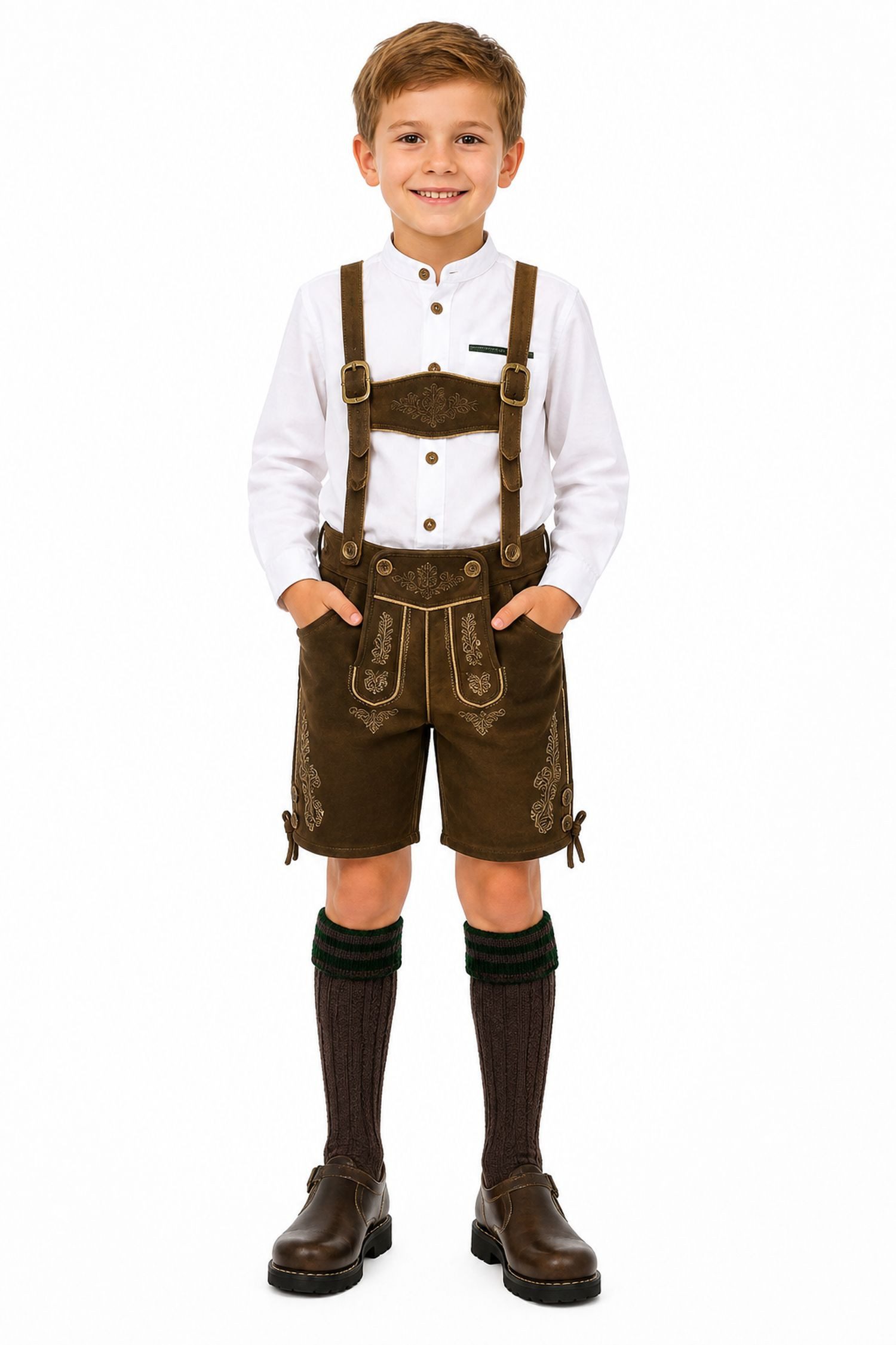 Isar-Trachten Kniestrümpfe Jungen Socken mit Zopfmuster, Braun / Grün – Bild 2 von 4