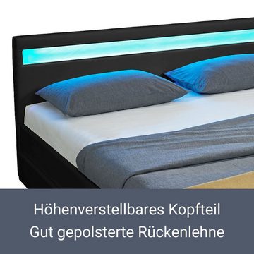 Juskys Polsterbett Lyon, 140x200 cm, ausziehbare Bettkästen, LED-Licht, gepolstertes Kopfteil