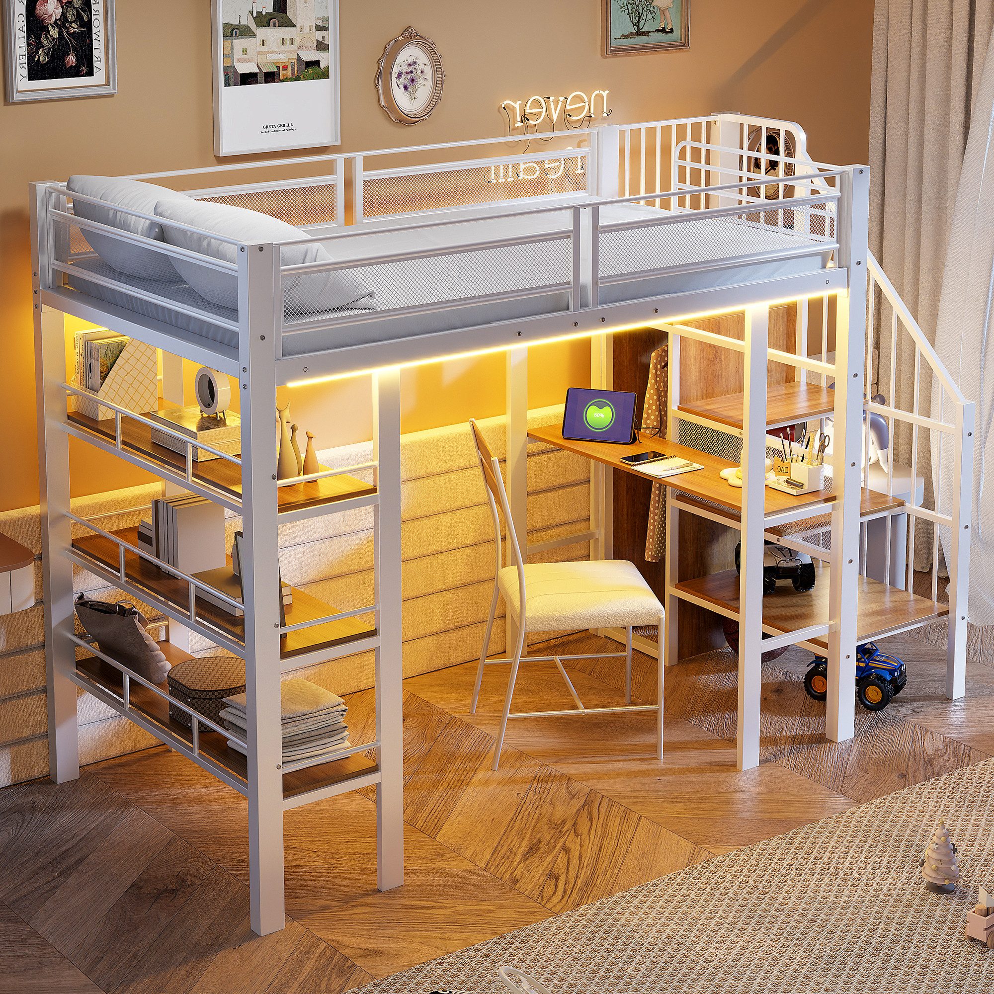 OKWISH Hochbett Jugendbett Einzelbett (mit LED-Lichtleiste und Steckdose, schmiedeeisernem Bett, Ablagefach und integriertem Bücherregal, 90x200 cm) ohne Matratze