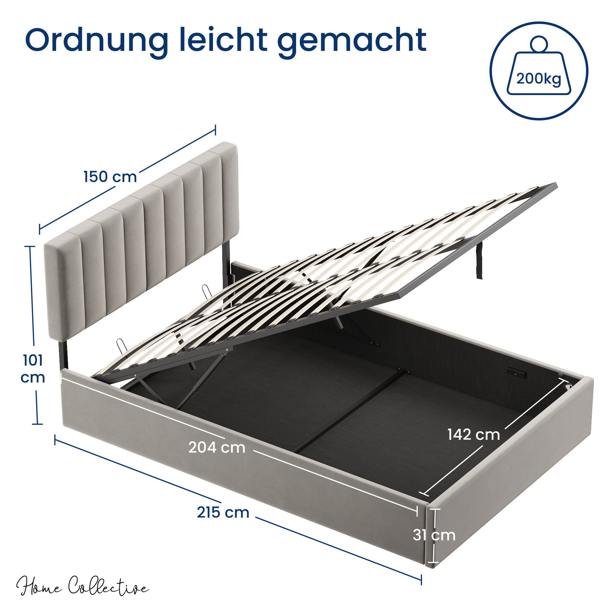 Home Collective Polsterbett mit Stauraum und Lattenrost Doppelbett Gepolstertes Bett (Verfügbare Größen: 140x200 und 160x200 cm), hydraulischer Bettkasten verst – Bild 4 von 5
