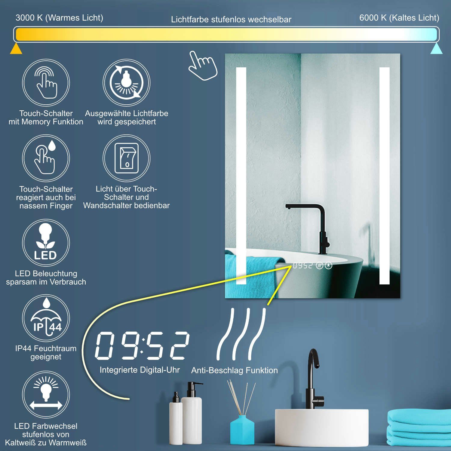 HOKO und Wandspiegel mit mit Wandschalter Schalter Neutral. Kaltweiß 5mm Badspiegel LED Antibeschlag Licht Memory-Funktion.IP44, HD LED einschaltbar. (Warmweiß 50x70/60x80cm+ - Touch Glass) Wechsel -