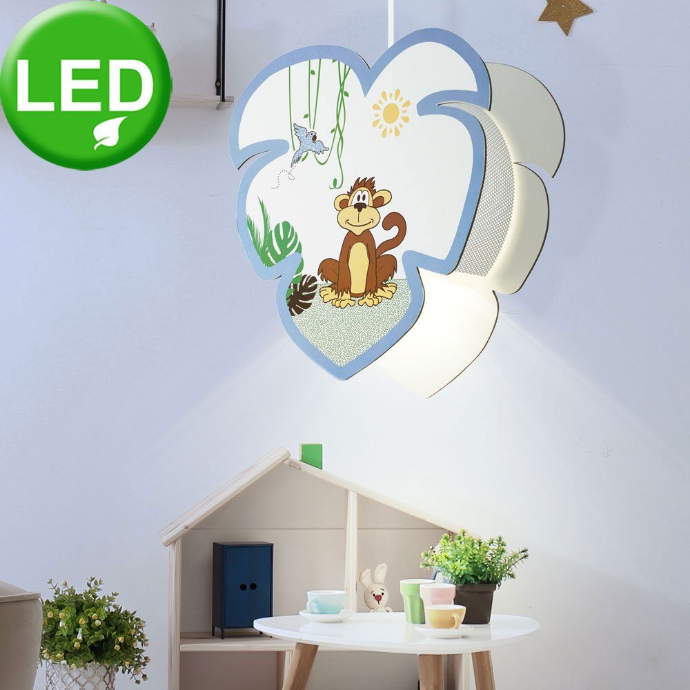etc-shop LED Pendelleuchte, Leuchtmittel inklusive, Warmweiß, Pendel Lampe Affen Motiv Kinder Zimmer Holz Schirm Tier
