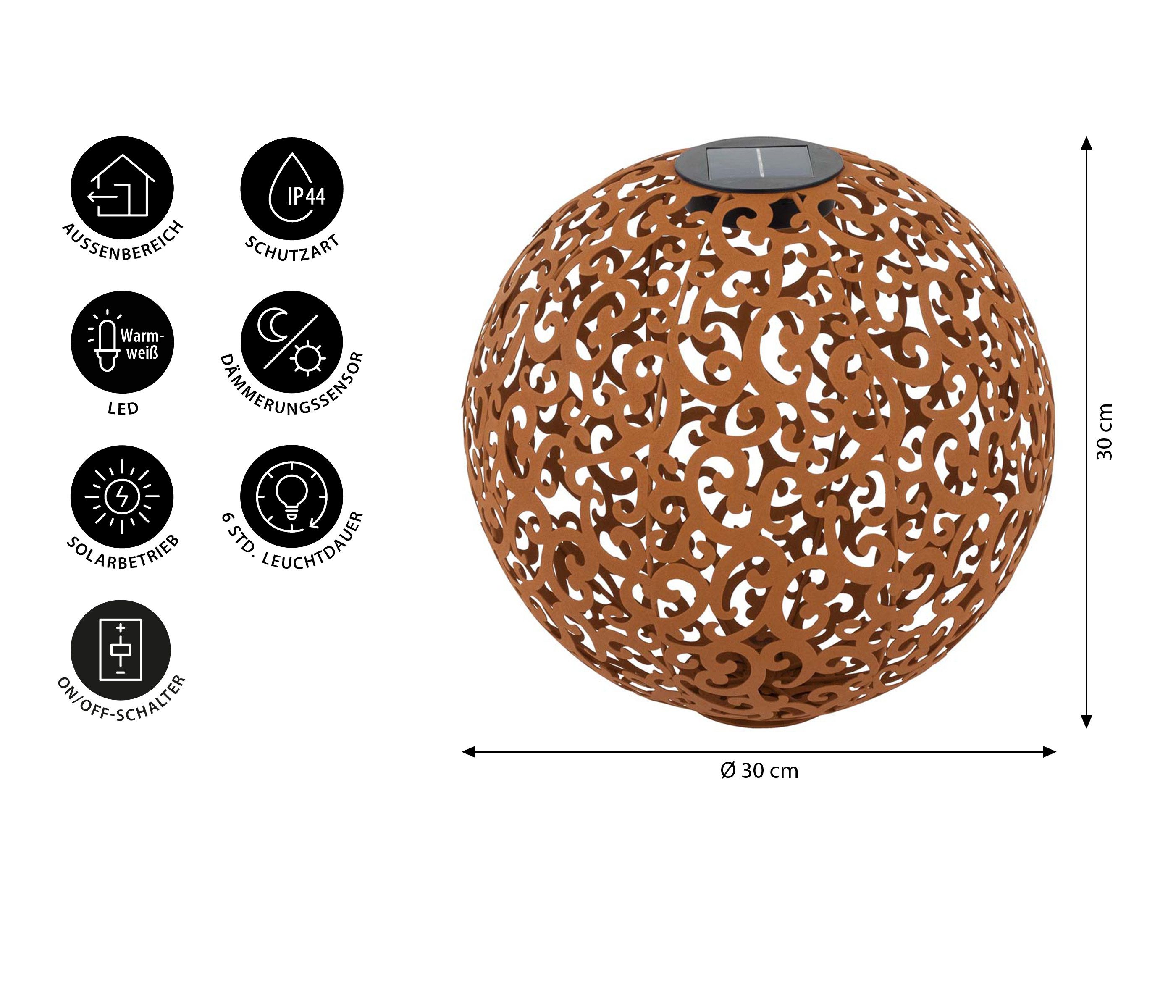 Dehner LED Solarleuchte Solarkugel Lagos, Ø 30/40 cm, Metall, Warmweiß, Kugel mit LED-Licht, Solar betrieben, 8 Stunden Leuchtdauer