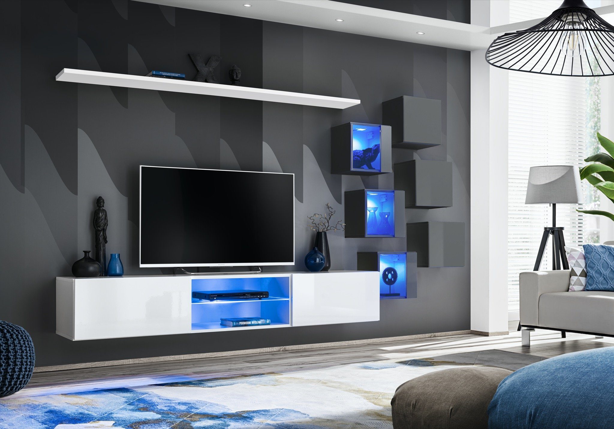 Einrichtung Wandregal), Wohnwand 6x TV-Ständer LED Wandregal TV + + Wandschrank Wandschrank, Wohnwand JVmoebel 6x beleuchtet Ständer (8-St., Luxus