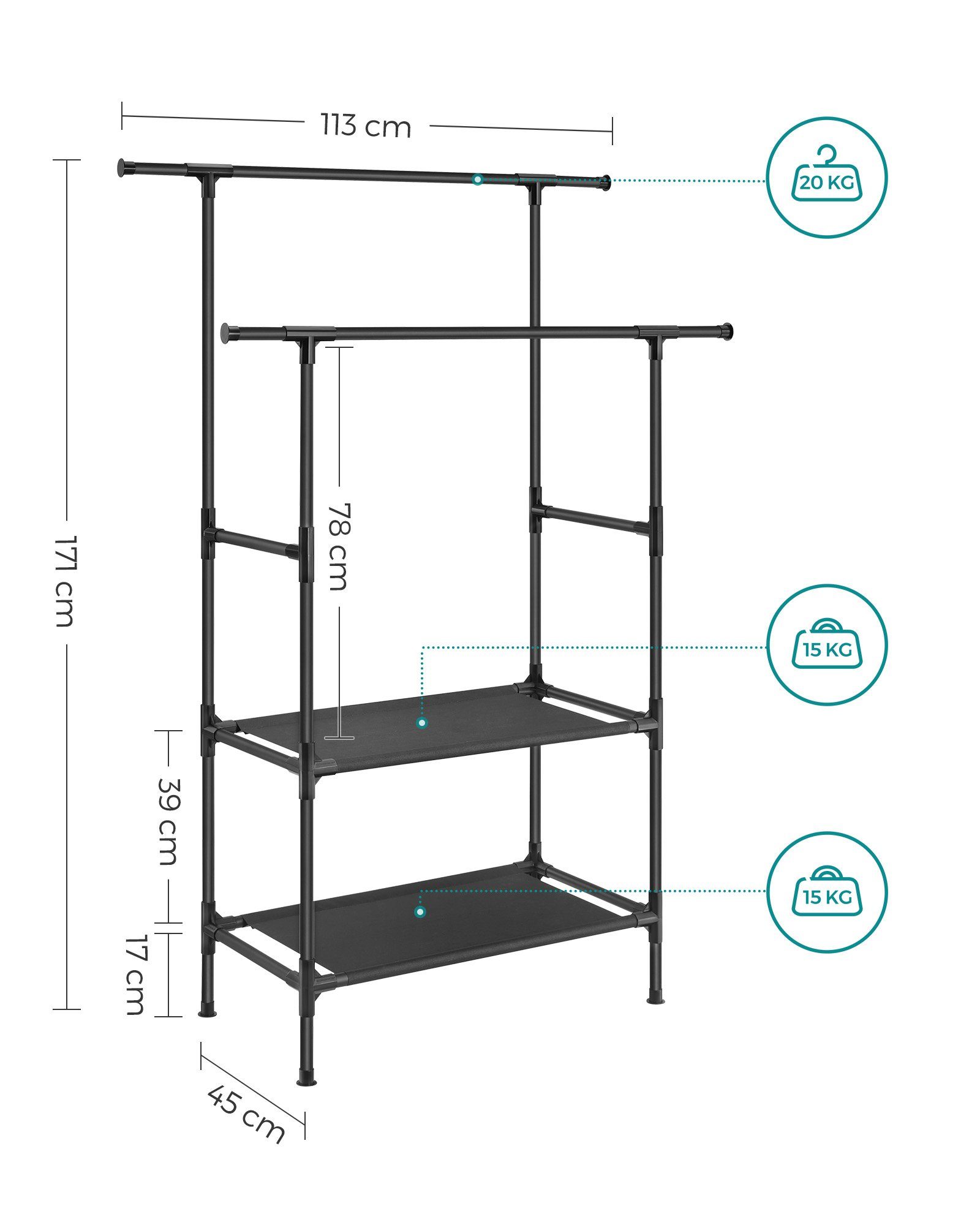 SONGMICS Kleiderständer, mit schwarz Ablagen, 70 2 bis Kleiderstangen, belastbar kg 2