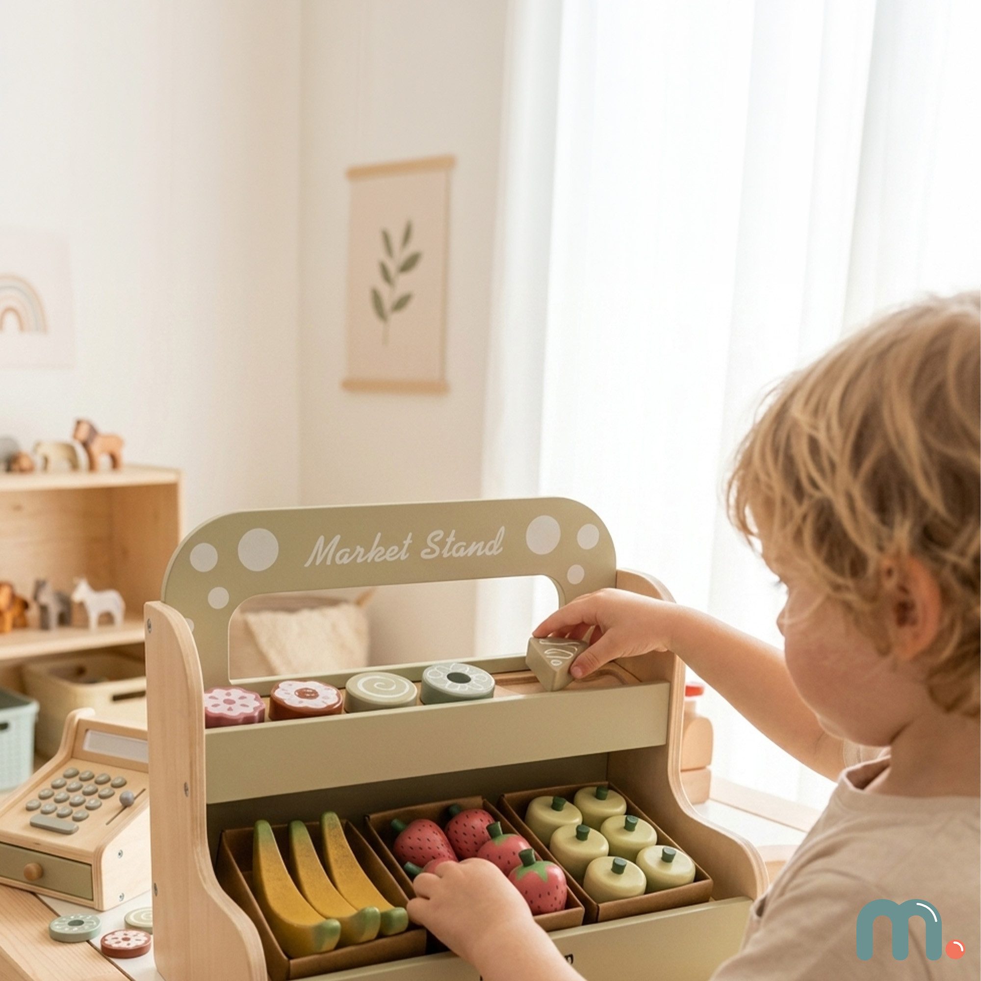 Mamabrum Spielküche Mamabrum Holz Kaufladen Kinder Marktstand mit Zubehör 24 tlg Wood, MDF, paper, 24-Piece Accessory Set