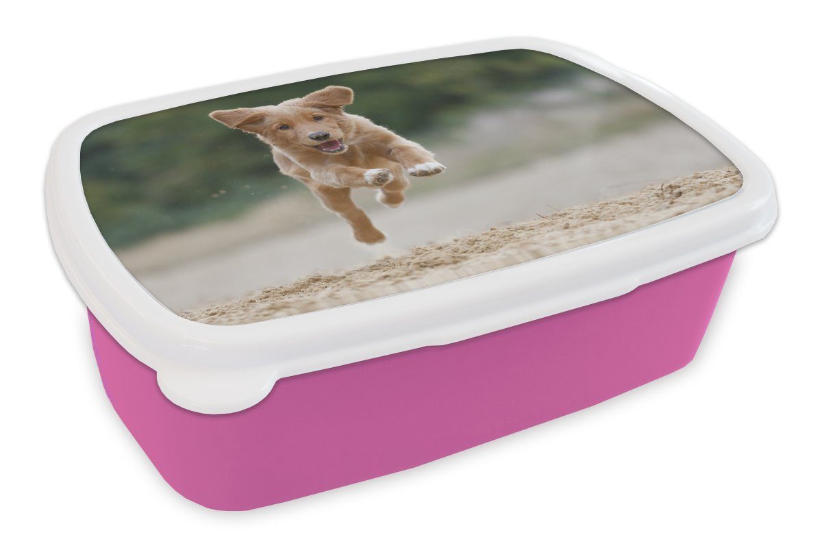MuchoWow Lunchbox (2-tlg), Mädchen, Brotbox Hund Kunststoff für Laufender Brotdose rosa Foto, Kinder, Snackbox, Kunststoff, Erwachsene