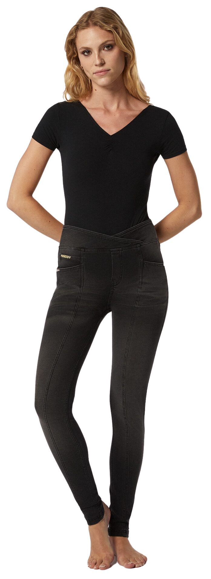 Freddy High-waist-Jeans NOWY1HF405ORG, Überkreuzte Hose aus Jersey Denim mit Used-Effekt überkreuzter Taillenbund