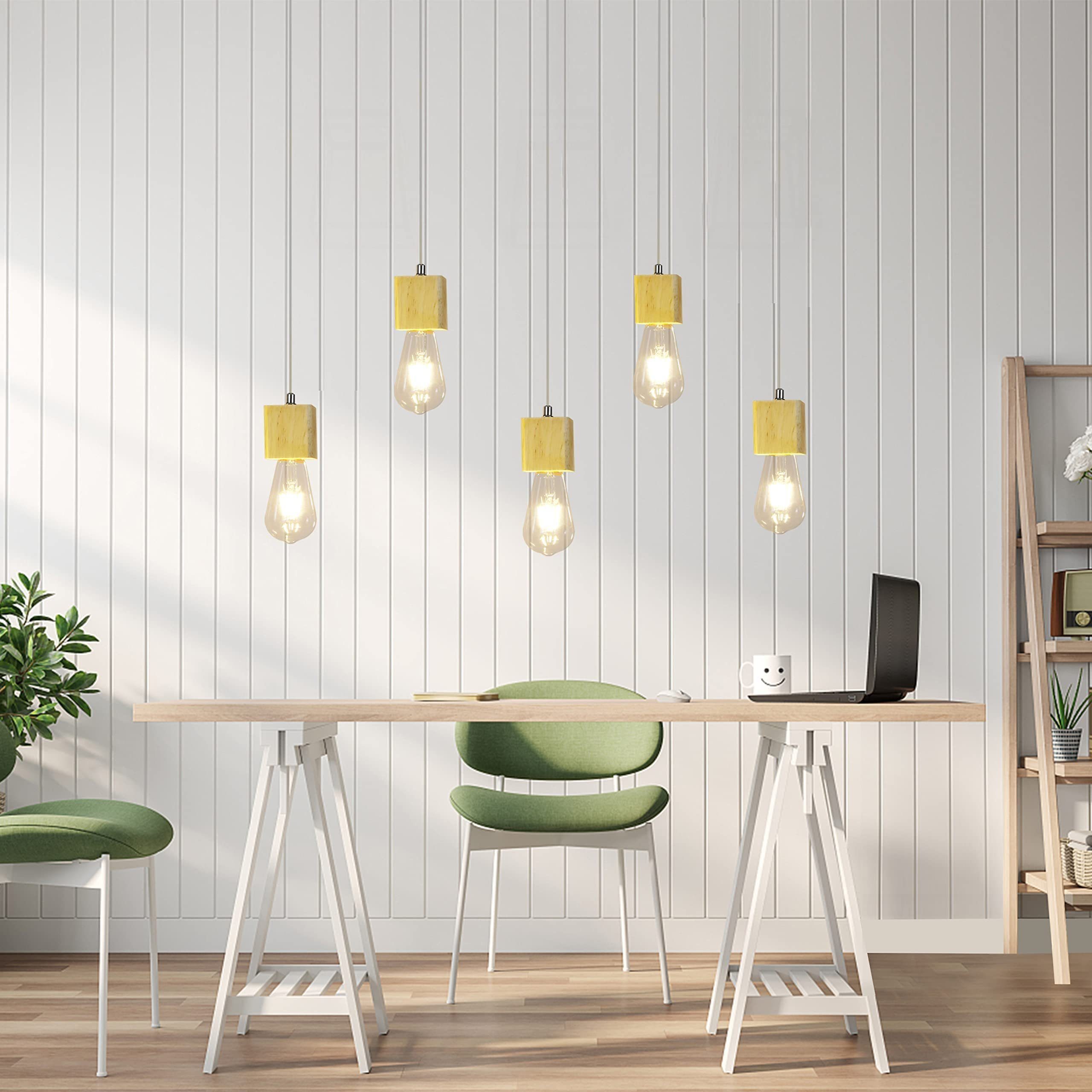 ZMH Pendelleuchte Holz 5 flammig Höhenverstellbar E27 Esszimmer Wohnzimmer, LED wechselbar, Warmweiß – Bild 2 von 5