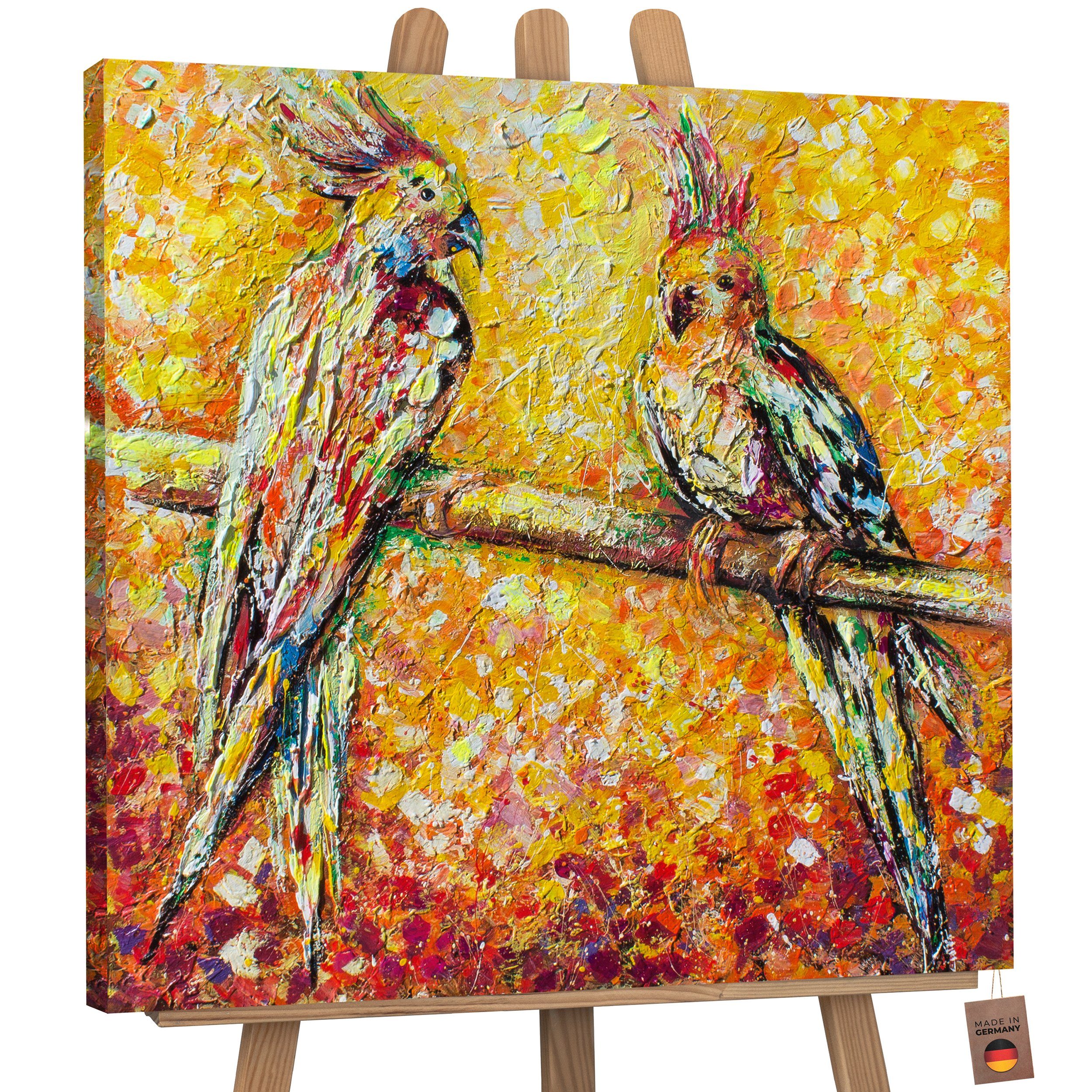 YS-Art Gemälde Papagei in der Sonne, Tierbilder, Papagei Bunt Leinwand Bild Handgemalt Rot Orange Ohne Schattenfugenrahmen