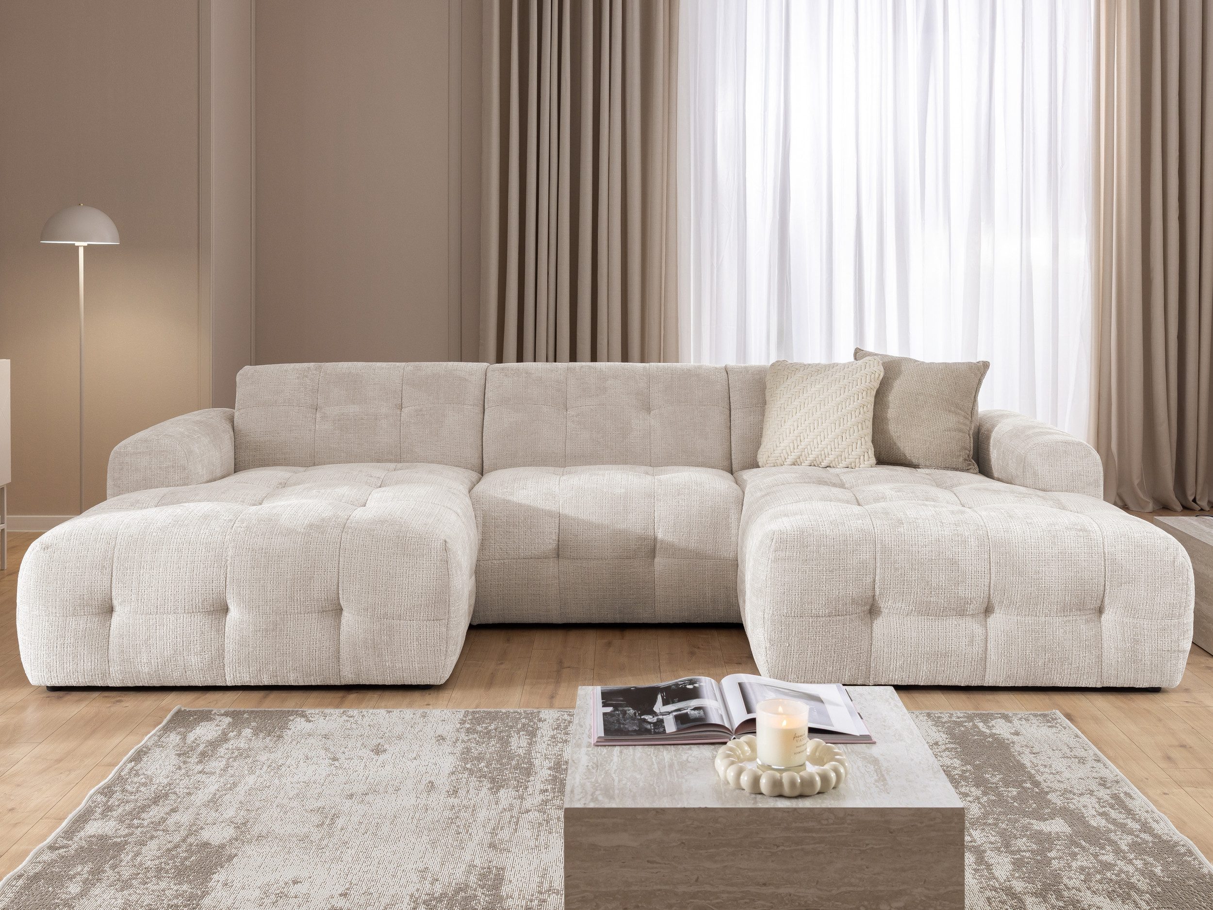 S-Style Möbel Wohnlandschaft Kozy im Bumpy-Design mit fester Rückenlehne aus weichem Chenille-Stoff, mit Wellenfederung