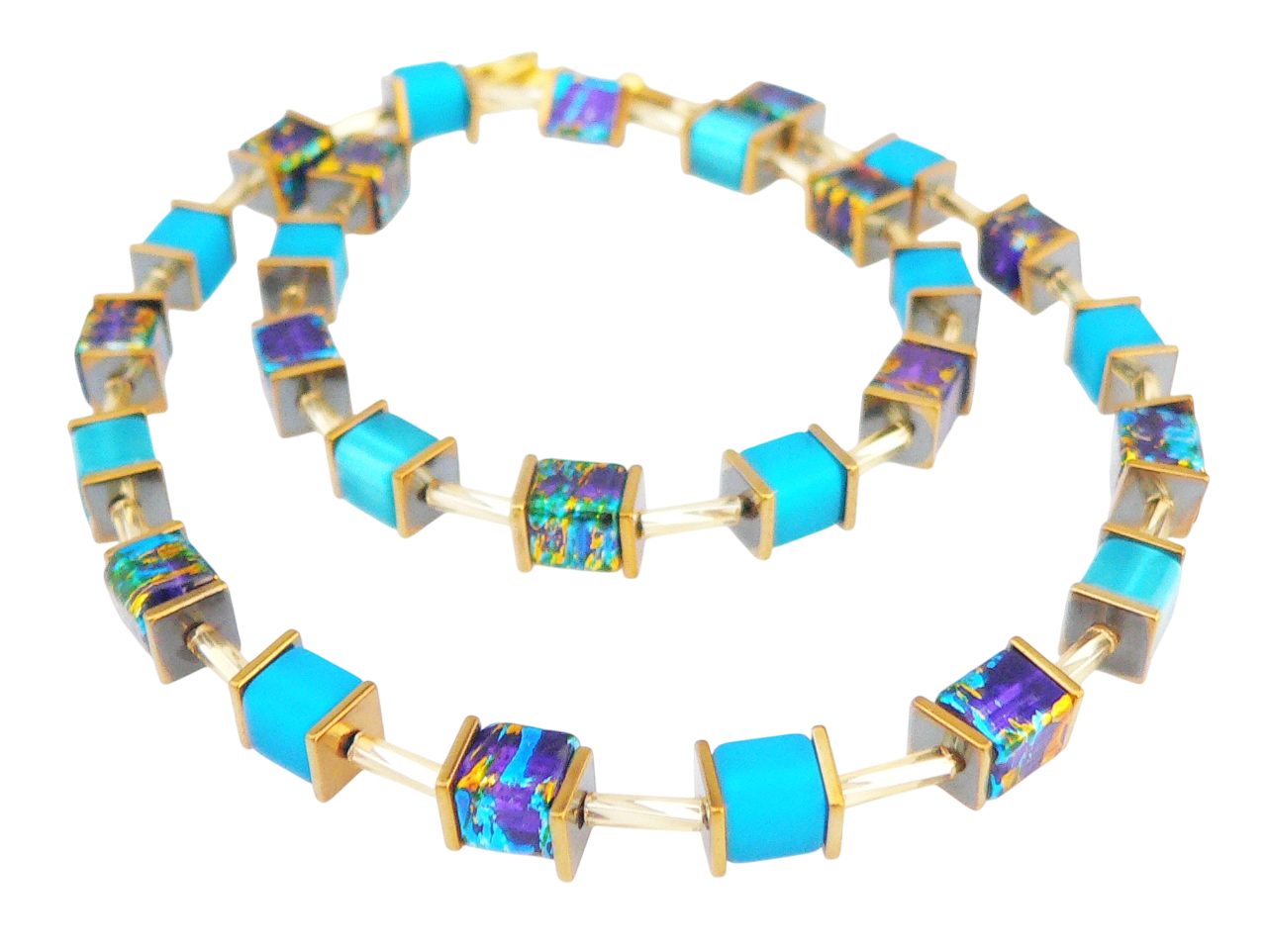 traumschmuck Collier 401 Collier Halskette Würfel Glas Polaris Blau türkis indigo gold (Geschenk, Muttertag, Weihnachten, Geburtstag, Valentinstag, inkl. Schmuckbox), verstellbare Halskette, handgefertigt, einreihig