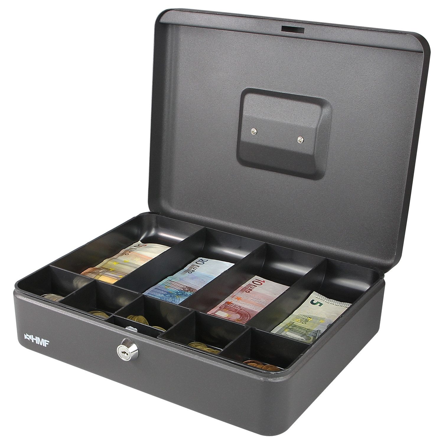 HMF Geldkassette Geldkassette abschließbar, Kasse mit Geldeinsatz, 5 Münzfächer, 4 Geldscheinmulden, 30 x 24 x 9 cm, Schwarz
