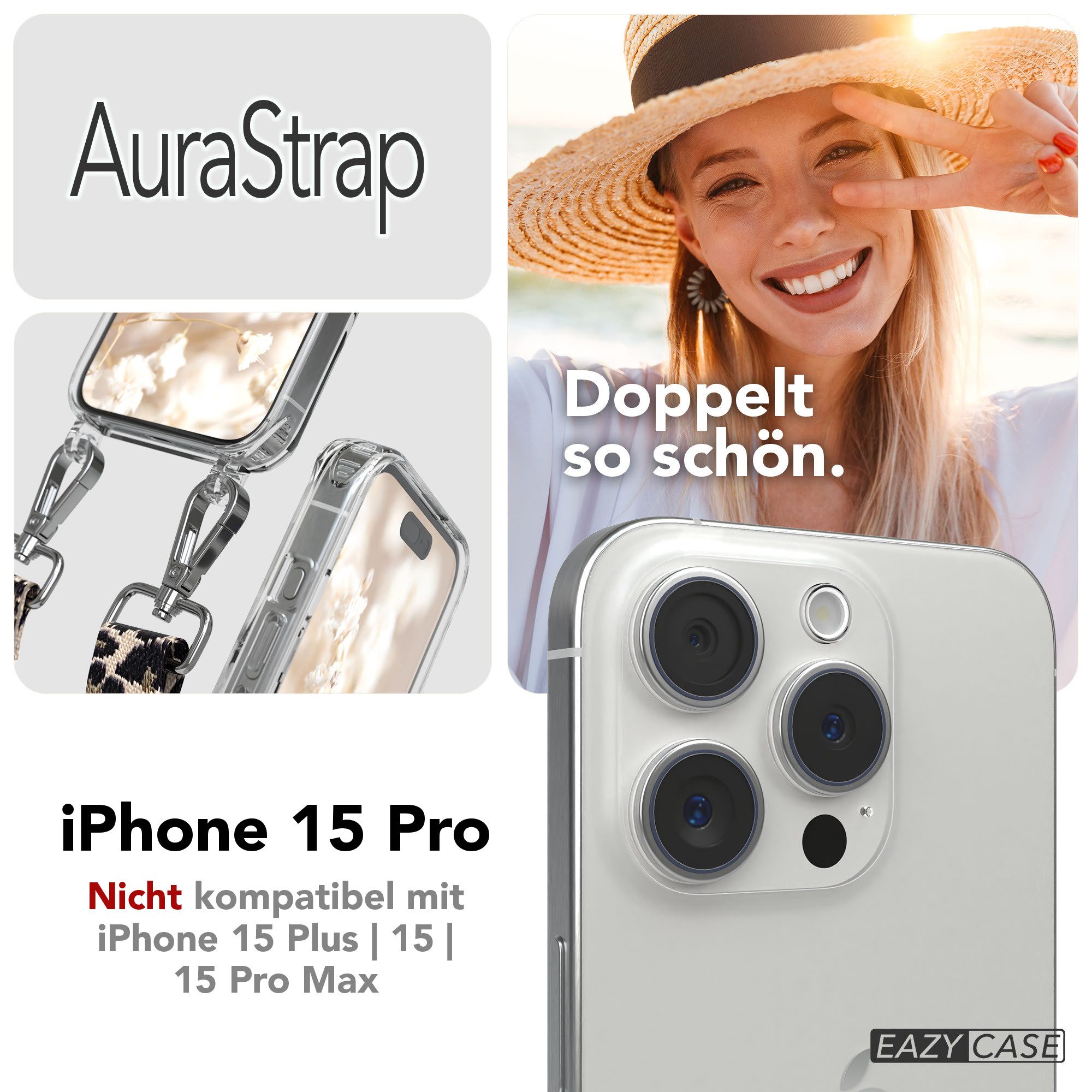 EAZY CASE Handykette Umhängeband MagSafe Hülle für Apple iPhone 15 Pro 6,1 Zoll, Cross Bag Handytaschenband Leo klare Hülle Silicon 2in1 Beige Schwarz
