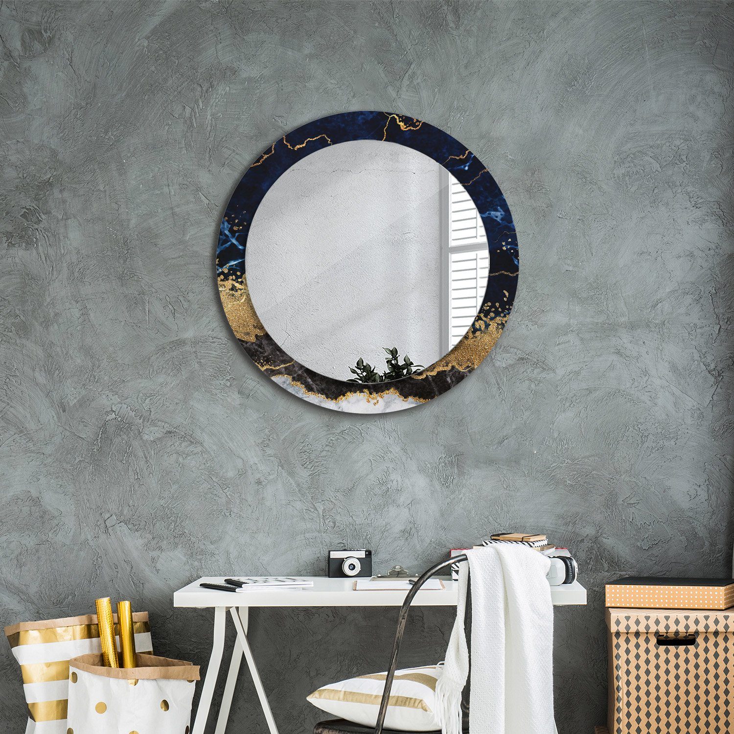 Tulup Dekospiegel mit Aufdruck Wandspiegel Wohnzimmer Blau Rund: Badezimmerspiegel Marmor Ø70 Rundspiegel Spiegel cm