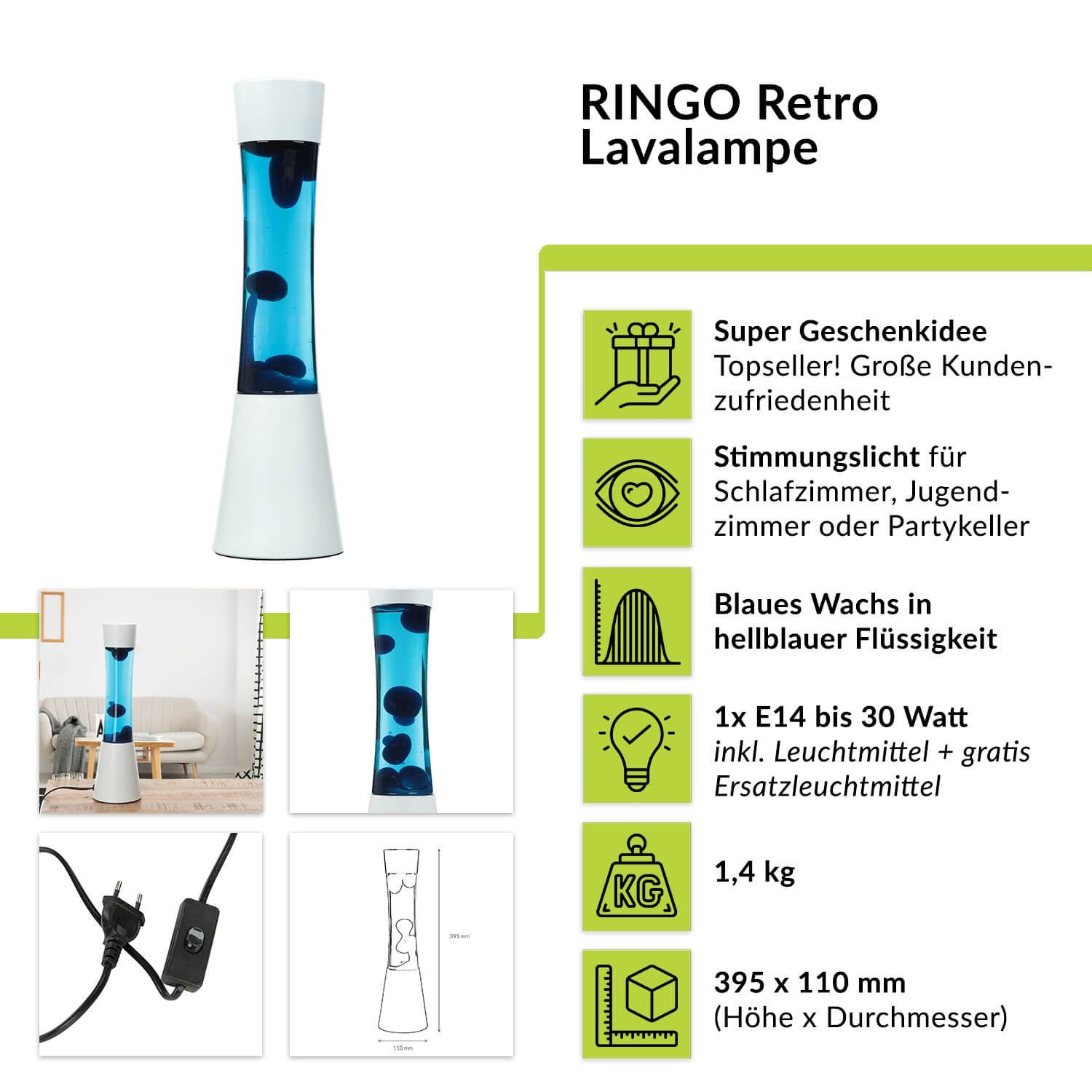 RINGO, Weiß Lavalampe Lampe Licht-Erlebnisse Retro Tischleuchte Blau