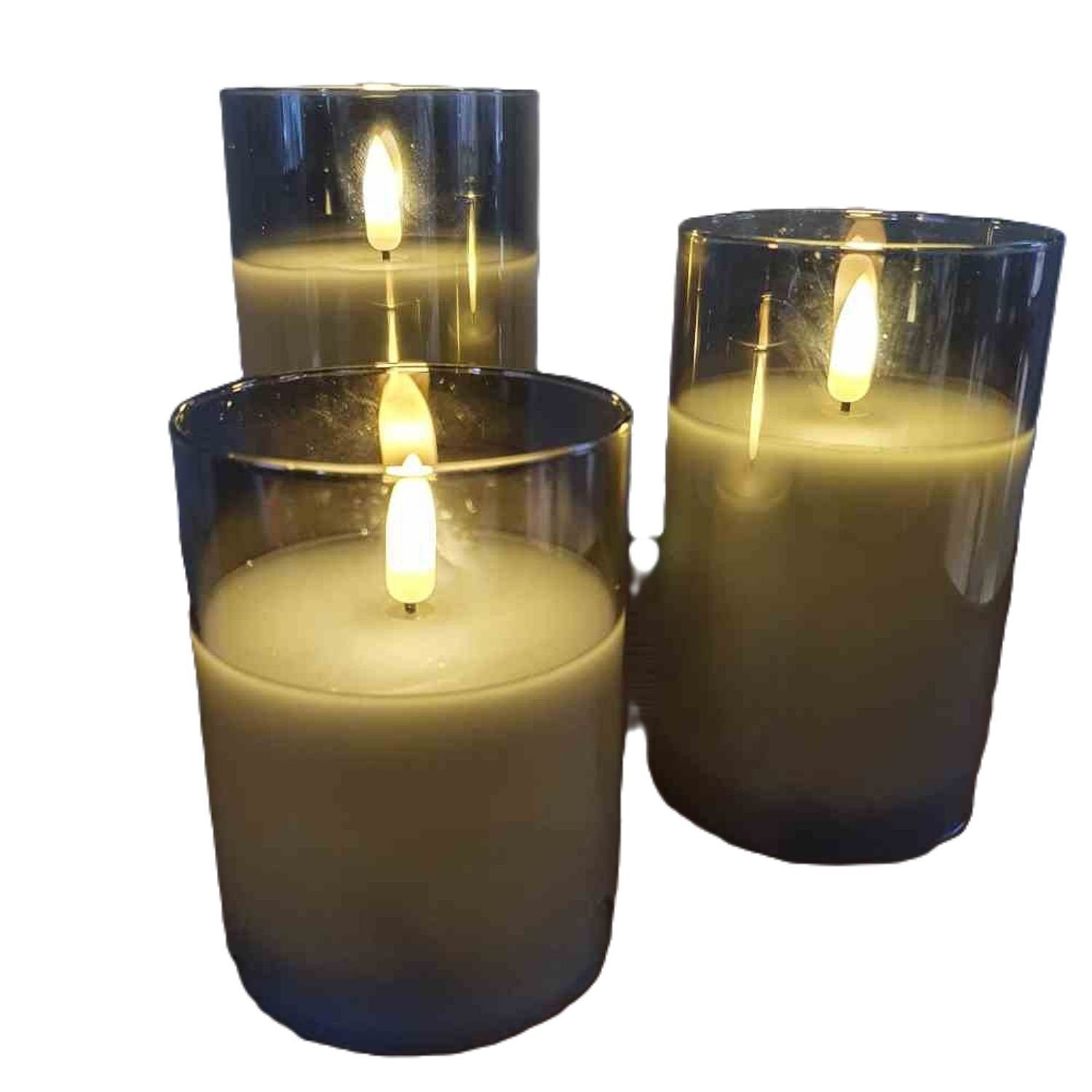 FHS Adventskerze Wachskerzen 3D-Flackern 3-teilig weiß, Glas rauchgrau 6/18 A/A. € 29,99