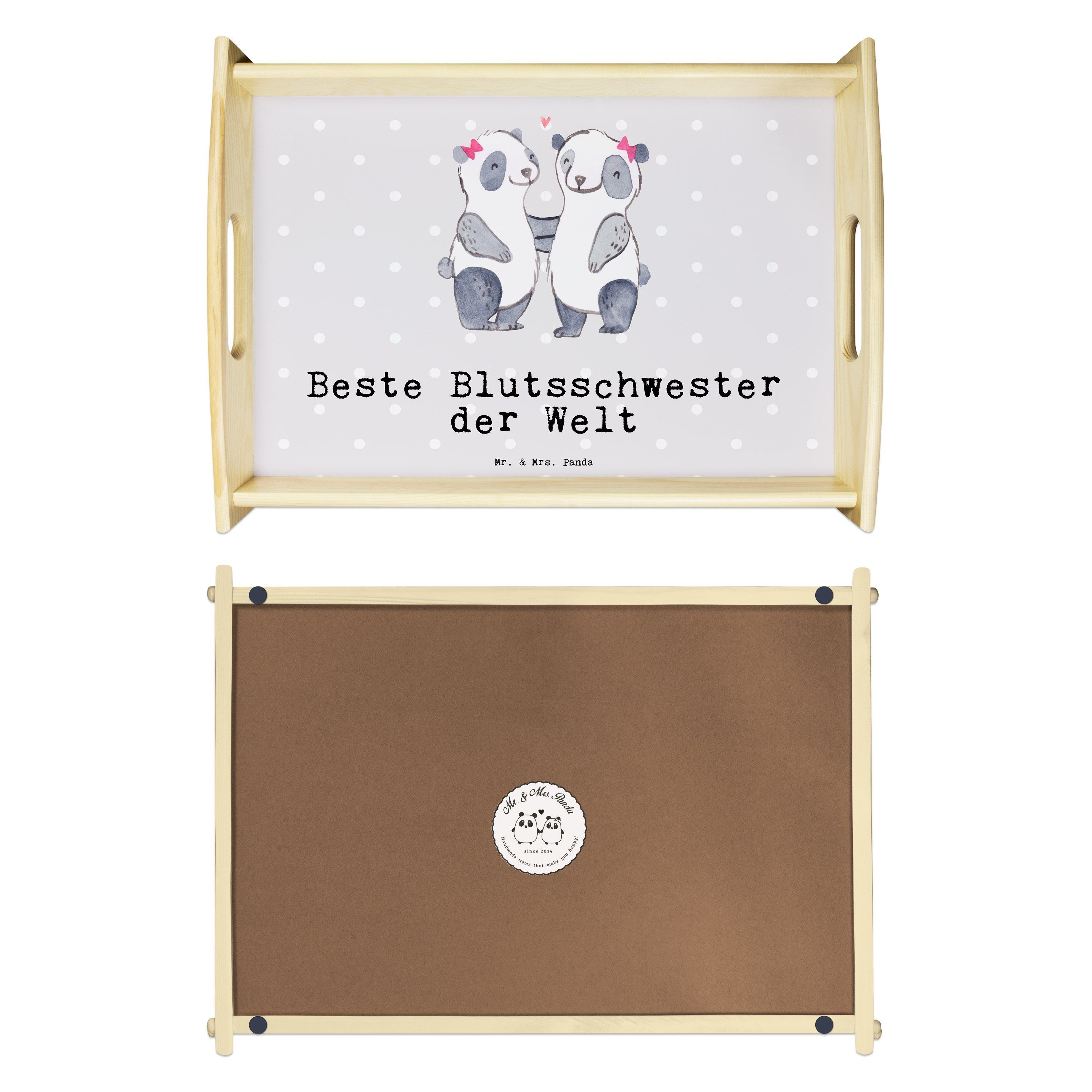 Mr. & Mrs. Panda Tablett Beste Blutsg, (1-tlg) Geschenk, Panda - Pastell Welt der Grau Echtholz lasiert, - Blutsschwester