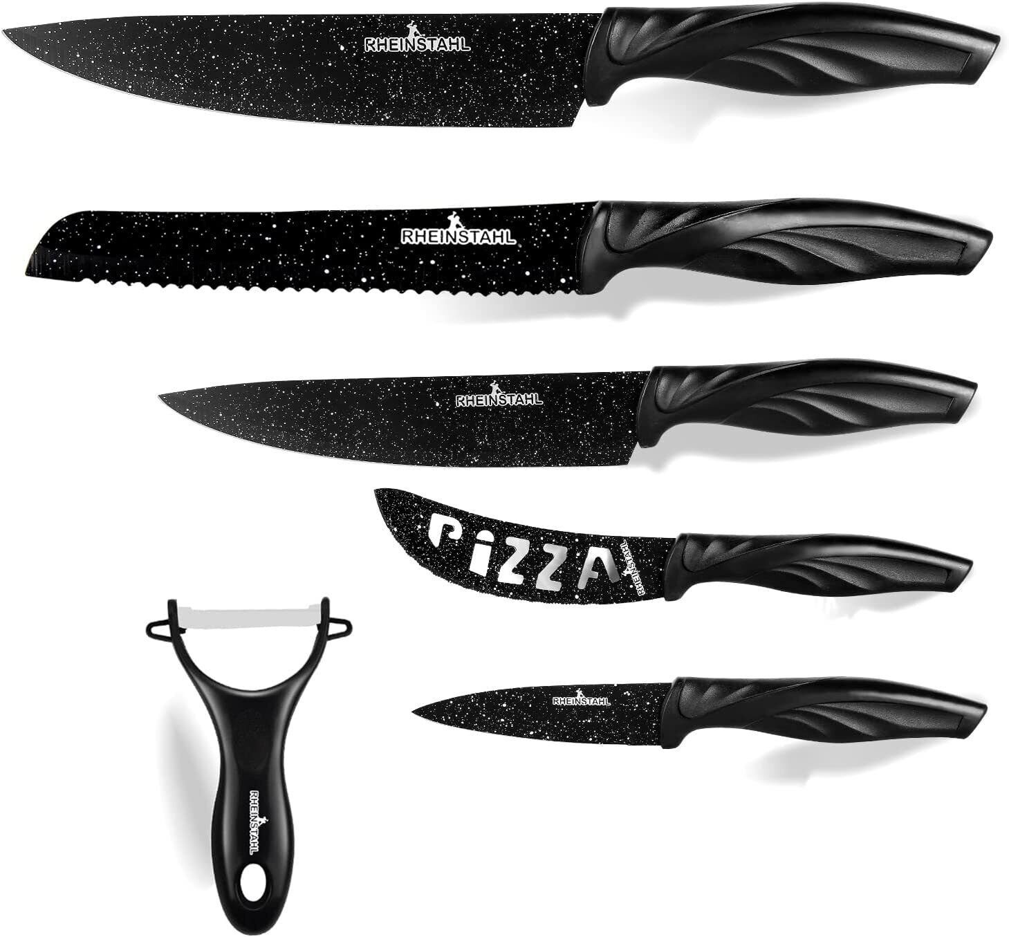 RHEINSTAHL Messer-Set 6-teilig- Edelstahl küchenmesser set mit Geschenkbox, Edelstahl + Antihaft, Profi knife set Messerset inkl. Schäler