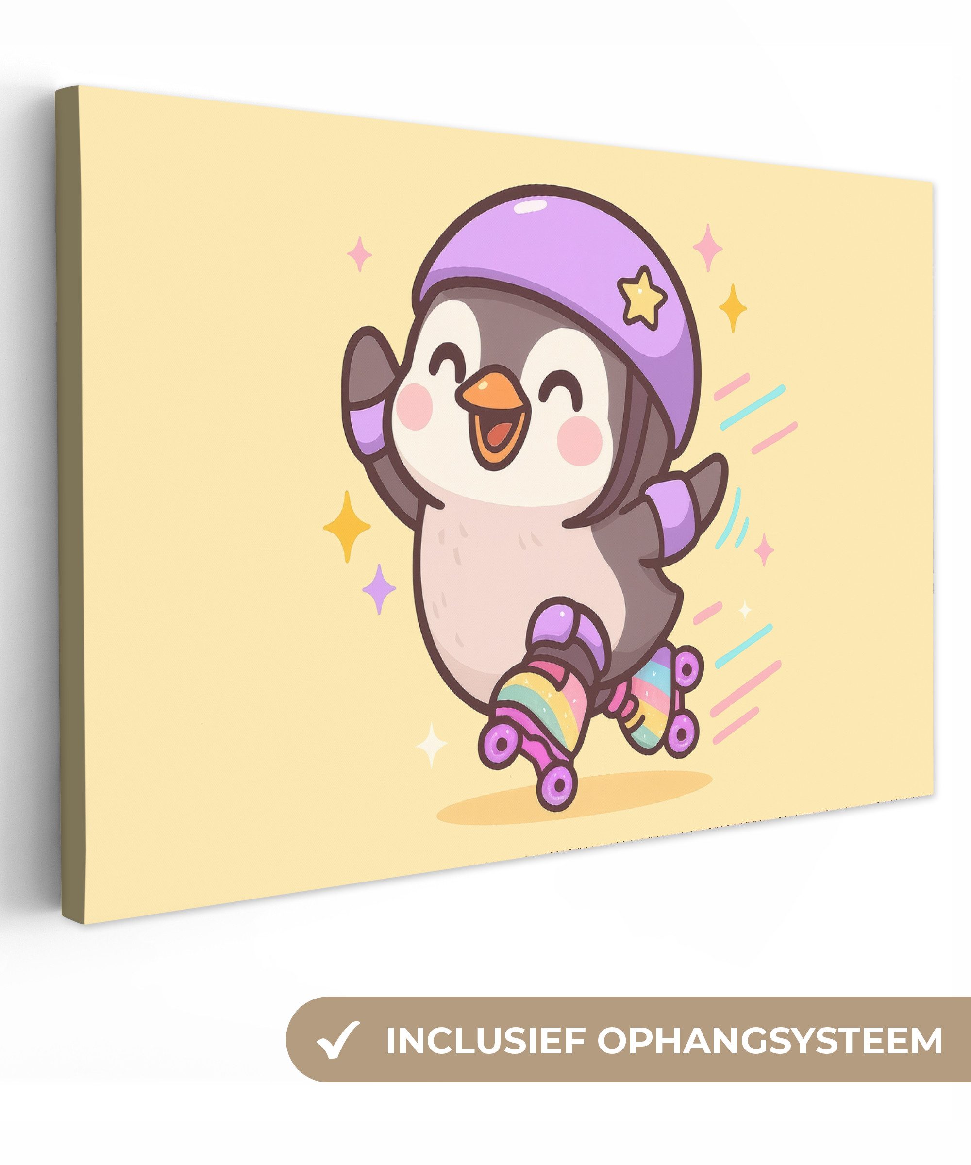 OneMillionCanvasses® Leinwandbild Pinguin - Rollschuhe - Gelb - Energetisch, Fotodruck (1 St), Leinwandbilder XXL Wohnzimmer, Deko Aesthetic 150x100 cm