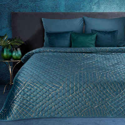 Tagesdecke Bettüberwurf aus Samt mit Bananenblattmotiv, Eurofirany, Samt, Größe 220x240 weiß gold, schwarz gold oder marineblau gold