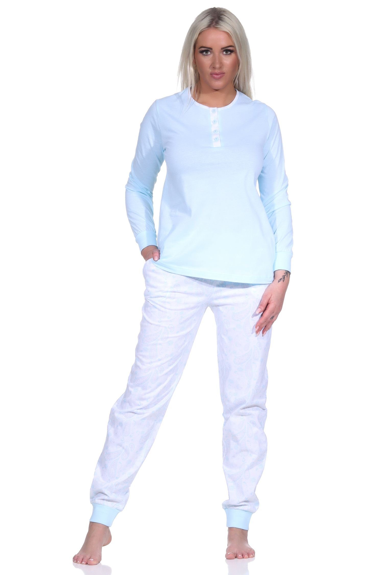 Normann Pyjama Damen Schlafanzug langarm mit Knopfleiste + Paysley gemusterter Hose hellblau