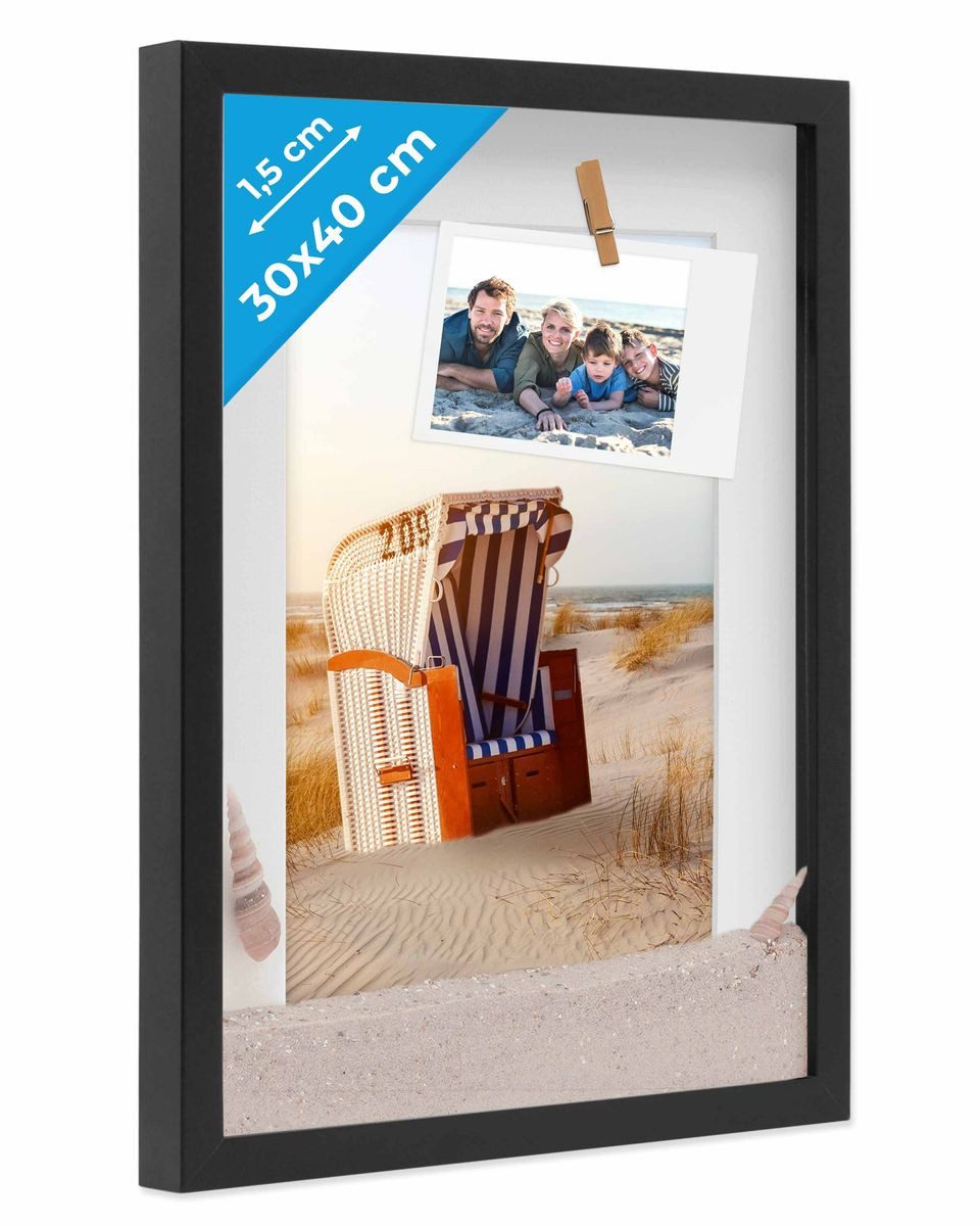 PHOTOLINI Bilderrahmen 3D-Objektrahmen zum Befüllen mit Passepartout und Glasscheibe, für 1 Bilder (1 Einzelrahmen), Rahmen 30x40 cm für Objekte bis 1,5 cm Tiefe zum Basteln & Verschenken