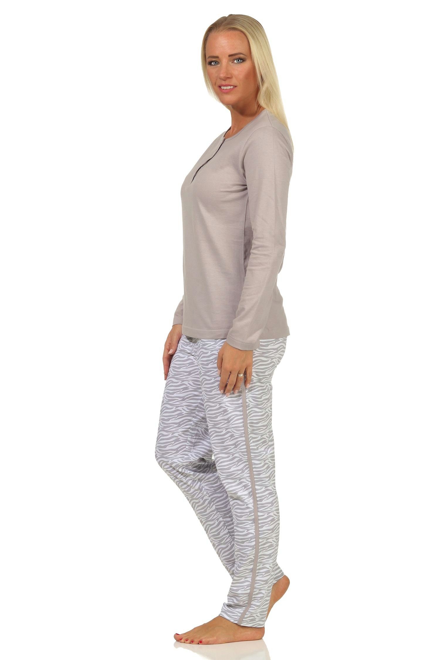 Normann Pyjama Damen mit Animal-Muster seitlichen Bein grau langarm Pyjama Streifen + am