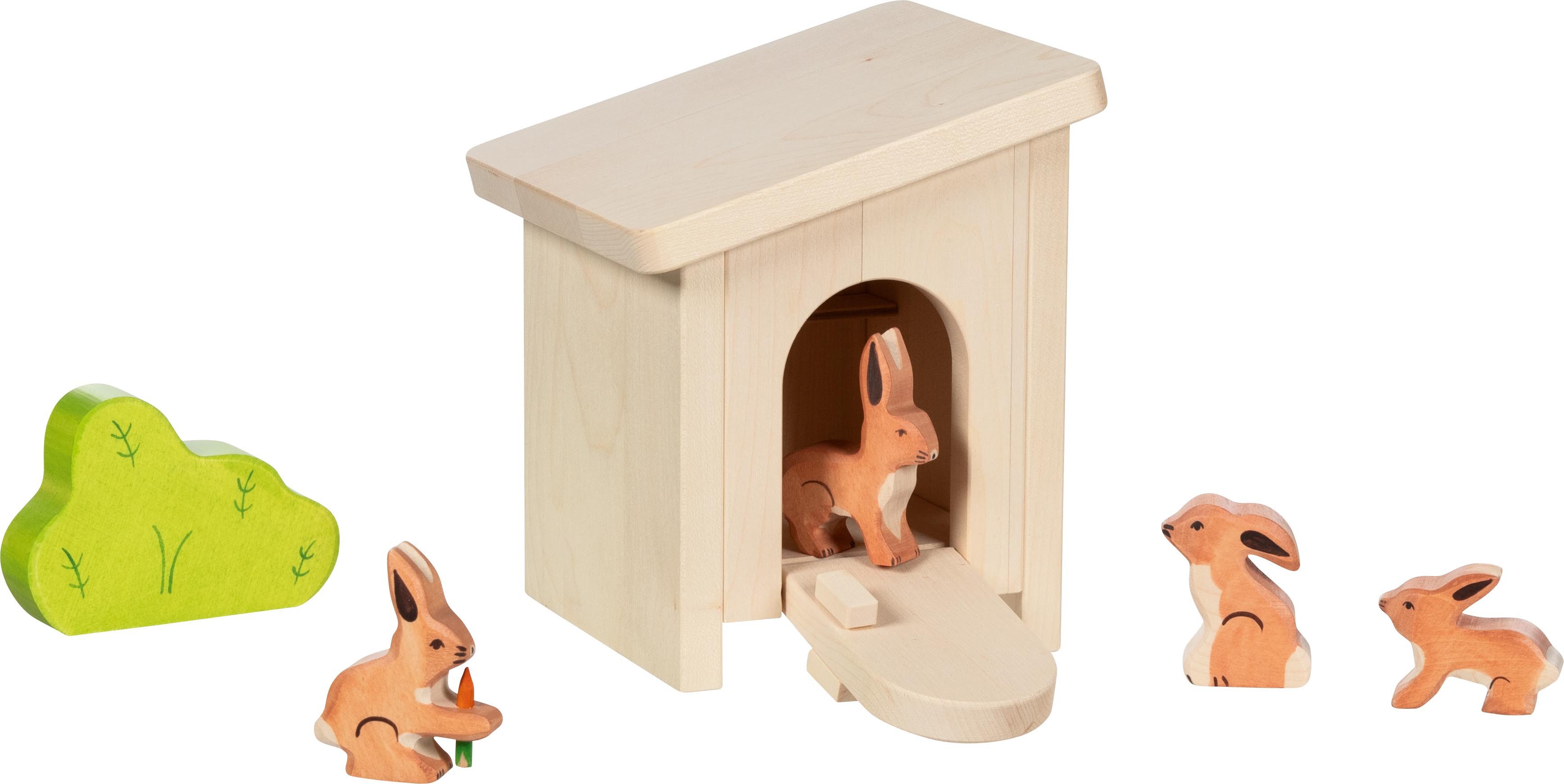 Holztiger Spielwelt Stall aus Holz - liebevoll gestaltetes Set mit vier Hasen und Busch, (6-tlg)