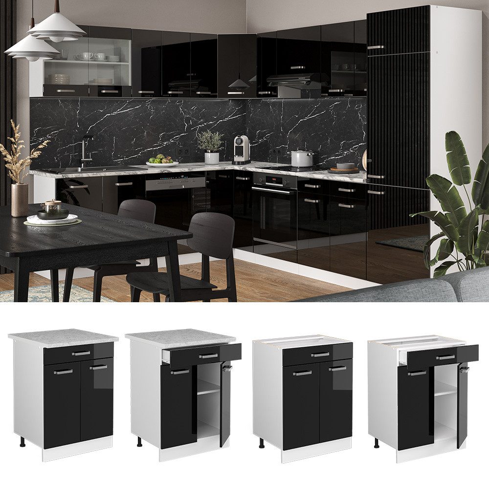 Vicco Unterschrank R-Line, Schwarz Hochglanz/Weiß, 60 cm mit Schublade, ohne Arbeitsp... (1-St)