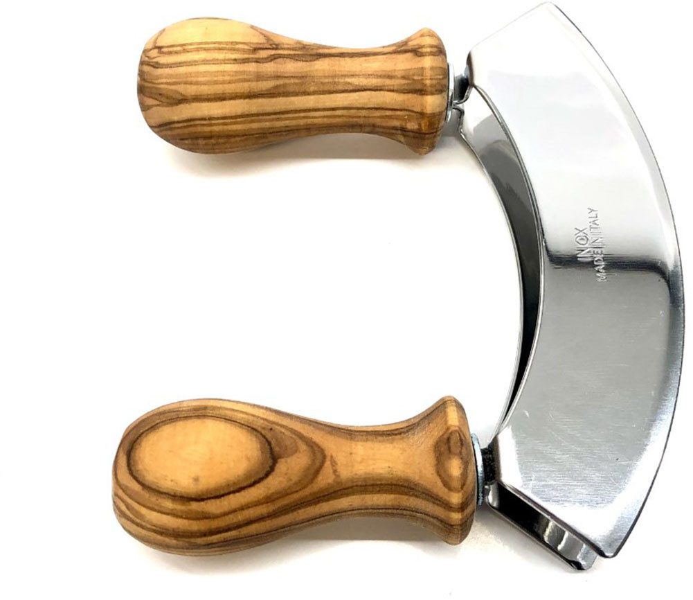 Olivenholz-erleben Wiegemesser DESIGN mit gedrechselten Griffen aus Olivenholz, Doppelklinge aus Edelstahl, gedrechselte Griffe, angenehme Haptik