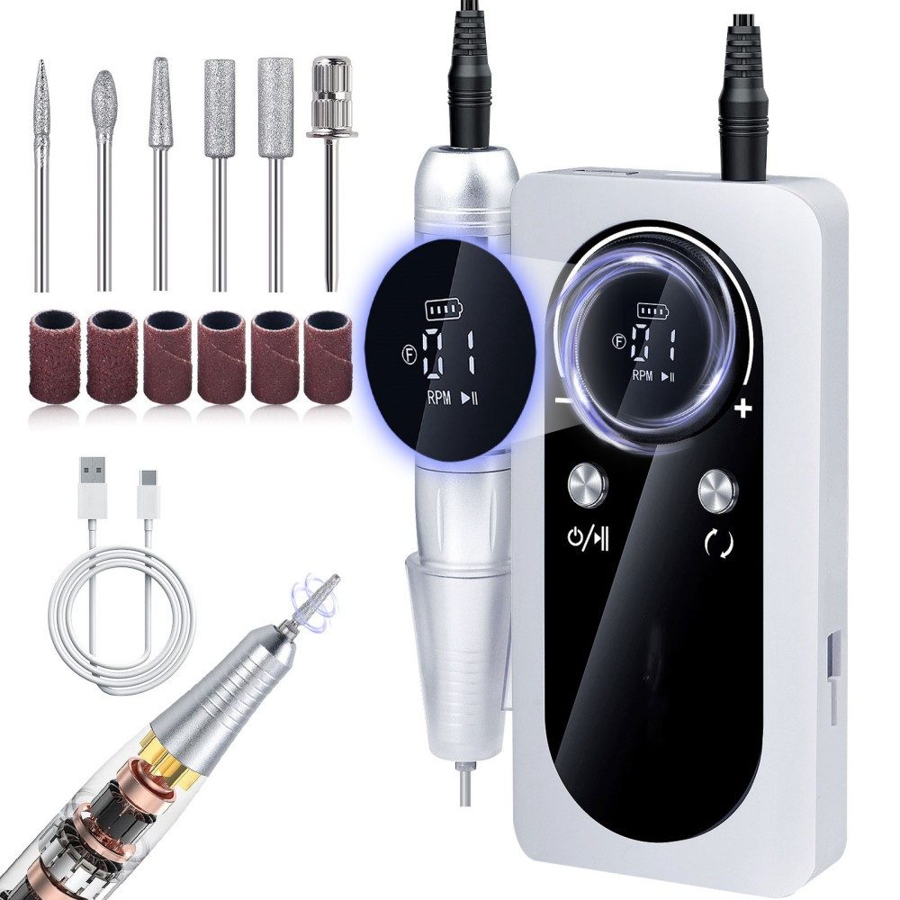 MDHAND Maniküre-Pediküre-Set mit Akku, 5 Bohrern und 6 Schleifringen, 1-tlg., Smart LCD-Display, bis zu 45000 U/min, Silber und Schwarz