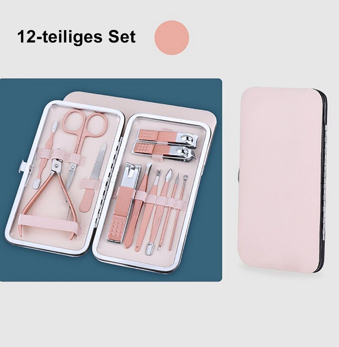 TPFBeauty Maniküre-Pediküre-Set mit Etui, 12-tlg., Nagelschere, Nagelknipser, Pinzette uvm. Nagel Set, Edelstahl Maniküre Set Pediküre Set in Aufbewahrungs-Etui - Rosa