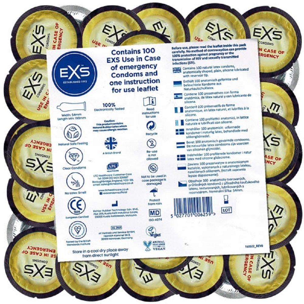 EXS Kondome Emergency - Notfall-Kondome Packung mit, 100 St., Latexkondome mit Logo / Aufdruck, Rundfolien-Kondome mit Motiv, Vorratspackung, Geschenk-Idee