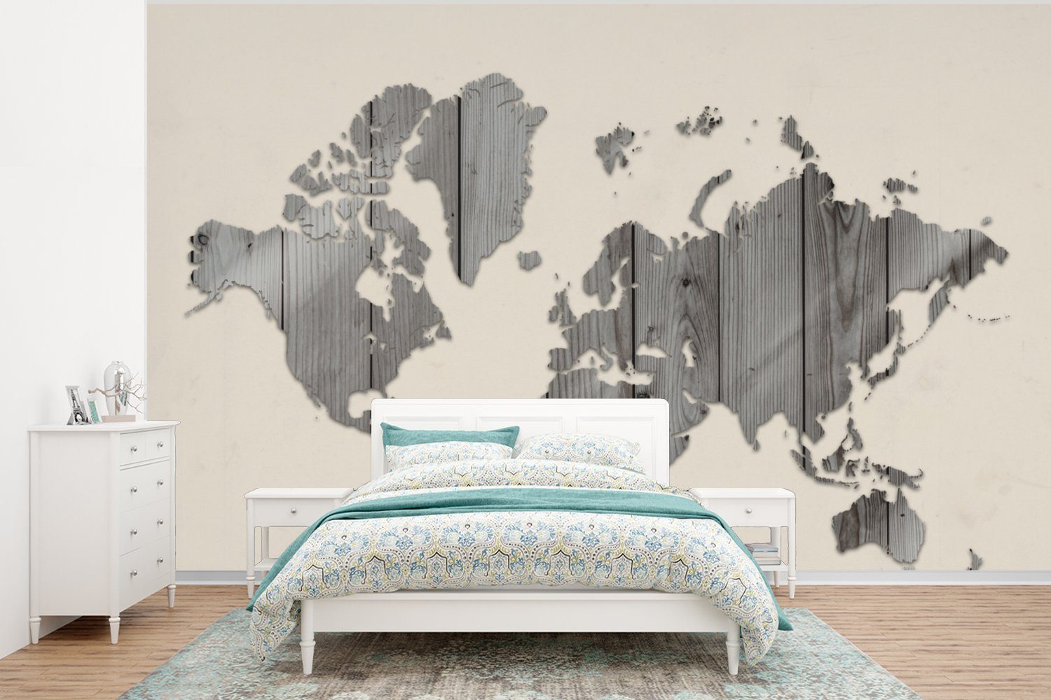 Schlafzimmer, (6 Tapete Holz Wallpaper MuchoWow für Weltkarte Fototapete Kinderzimmer, Vinyl St), Regal, Wohnzimmer, - bedruckt, - Matt,