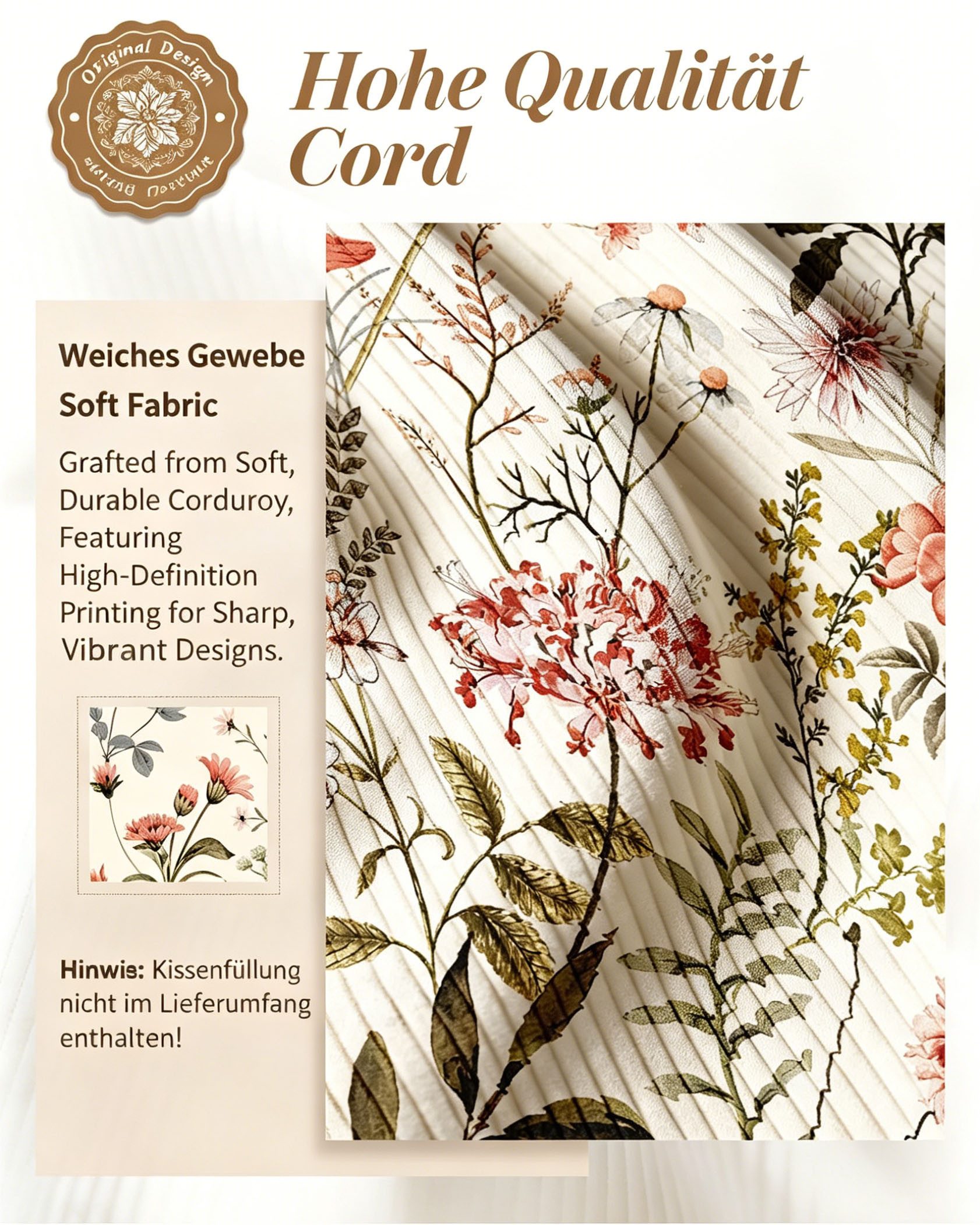 Zaewry Kissenbezug Cord-Kissenbezug 45×45 cm, Landhaus-Stil Kissenbezug, (1 Stück), Blumenmuster Kissenbezug für Sofa, Schlafzimmer und Wohnkultur